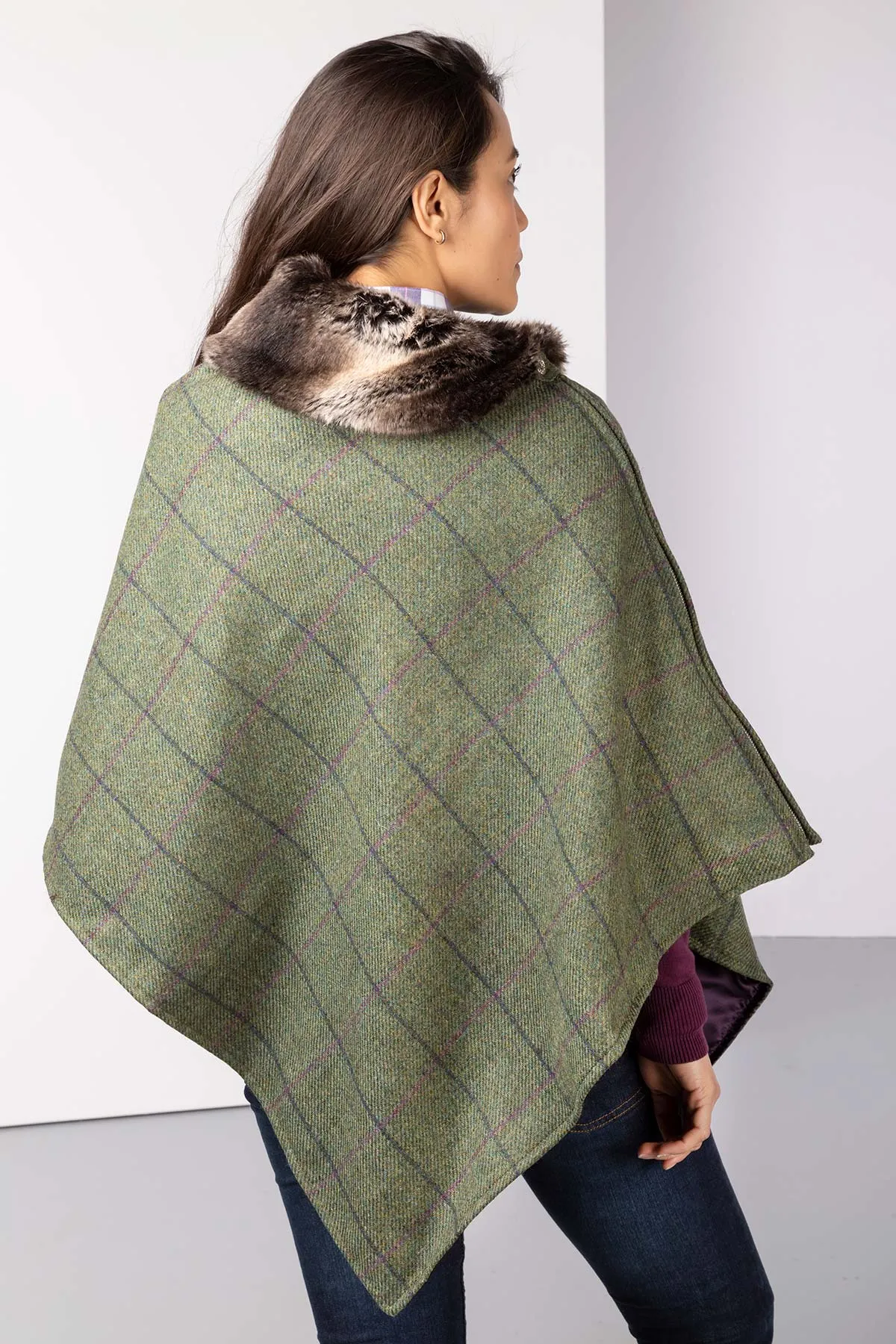 Ladies Wool Tweed Poncho With Faux Fur