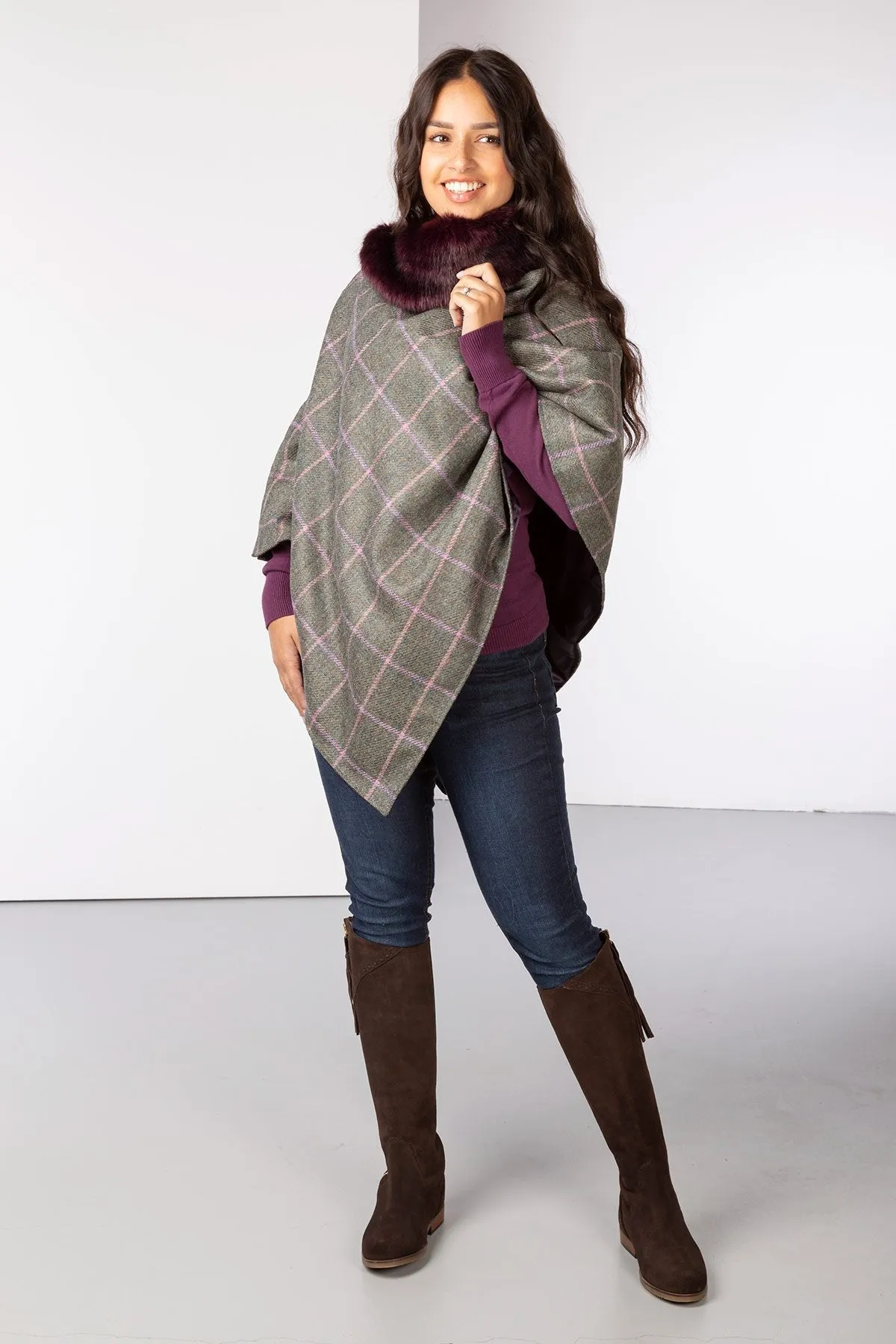 Ladies Wool Tweed Poncho With Faux Fur