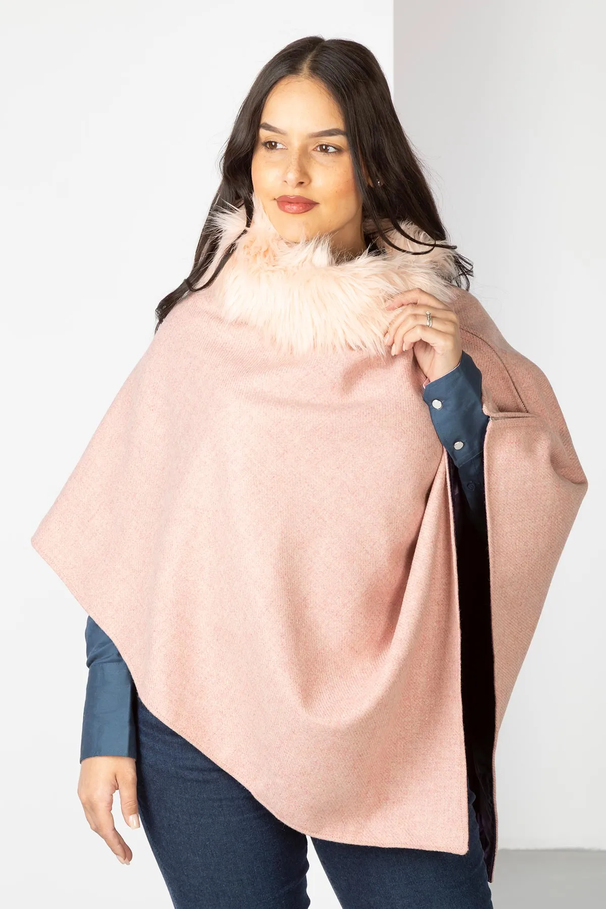 Ladies Wool Tweed Poncho With Faux Fur