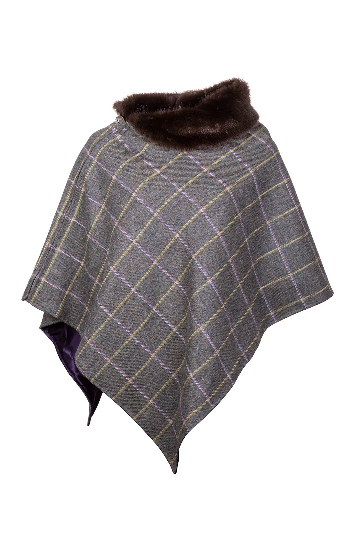 Ladies Wool Tweed Poncho With Faux Fur