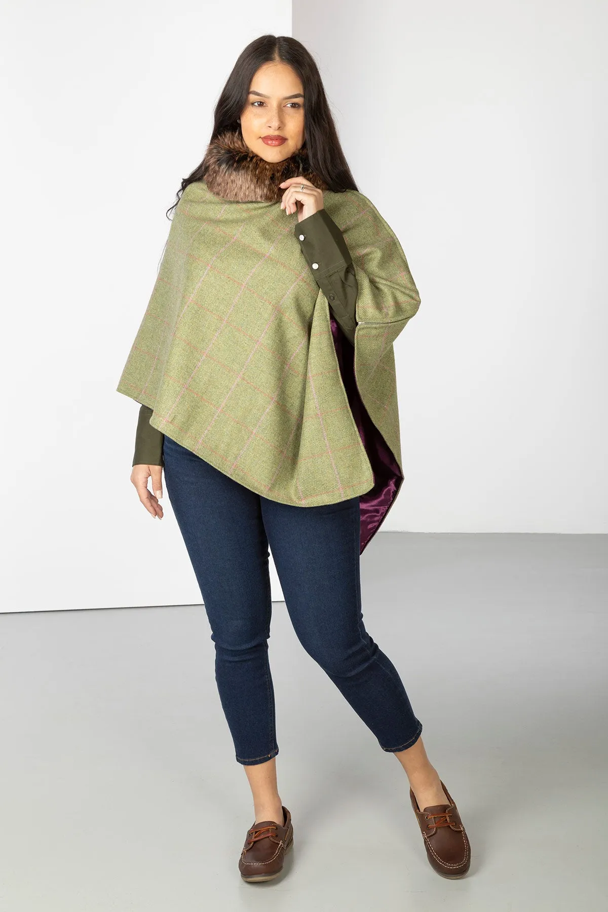 Ladies Wool Tweed Poncho With Faux Fur