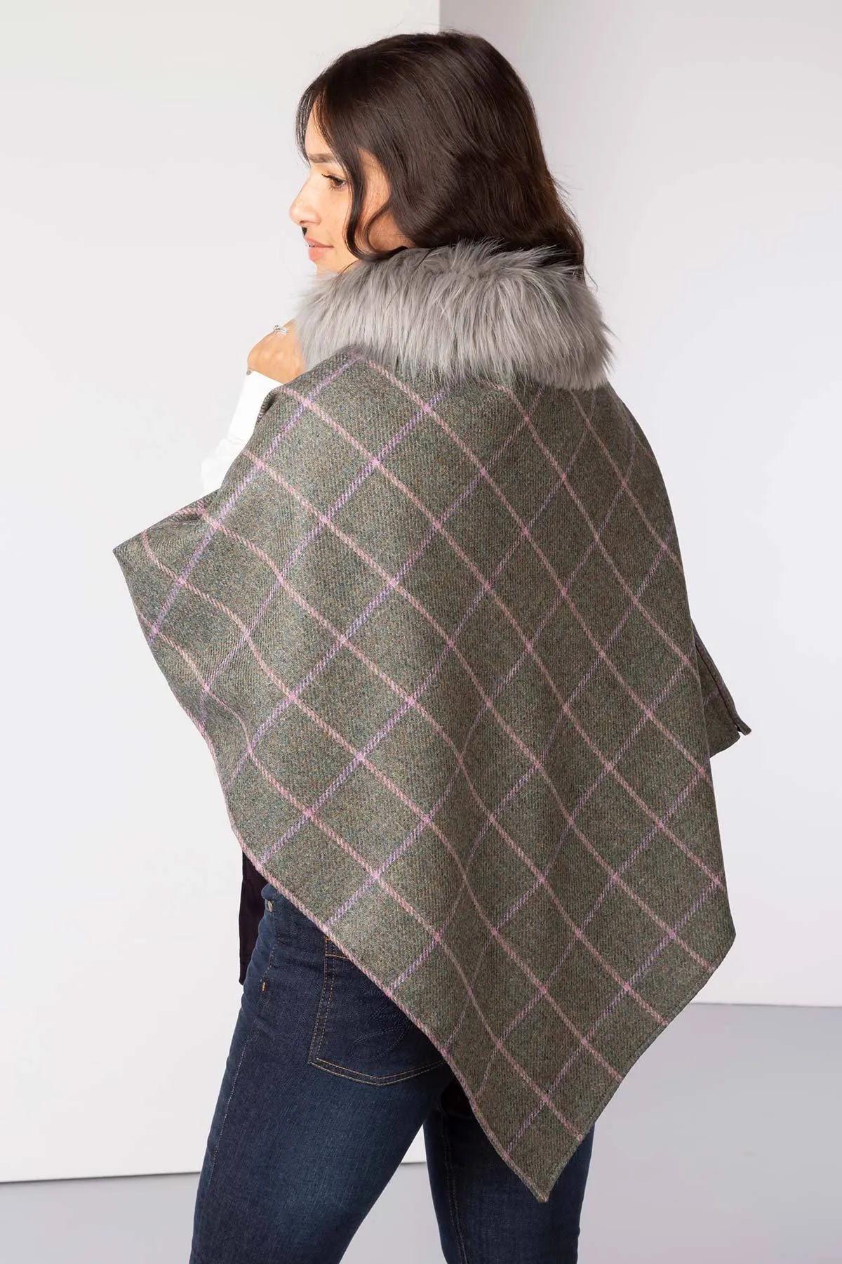 Ladies Wool Tweed Poncho With Faux Fur