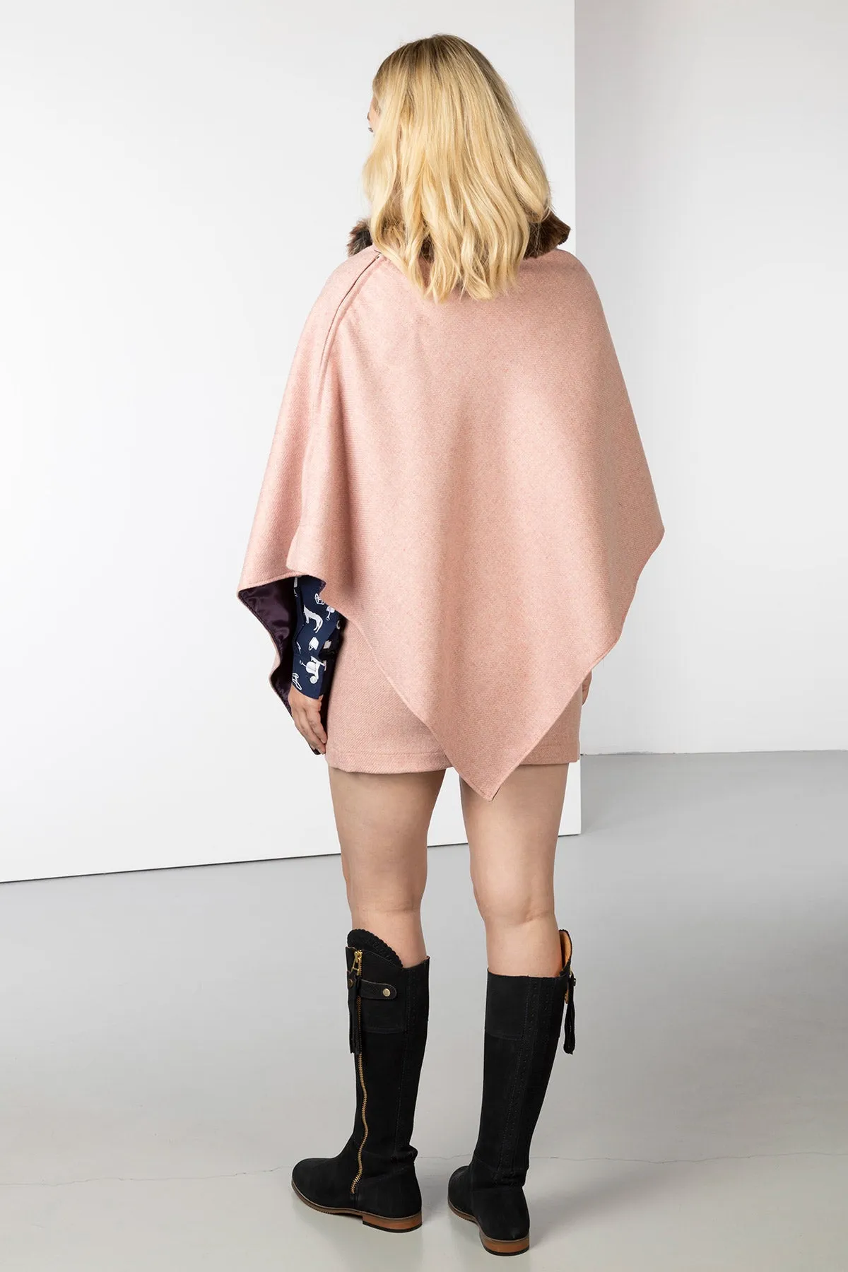 Ladies Wool Tweed Poncho With Faux Fur