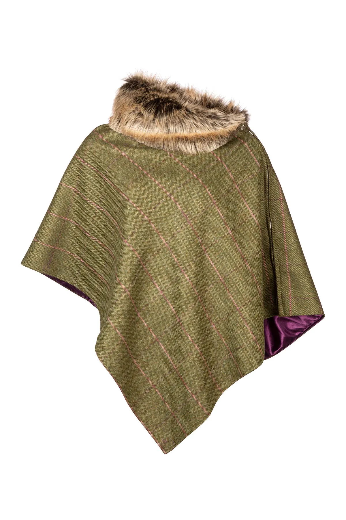 Ladies Wool Tweed Poncho With Faux Fur