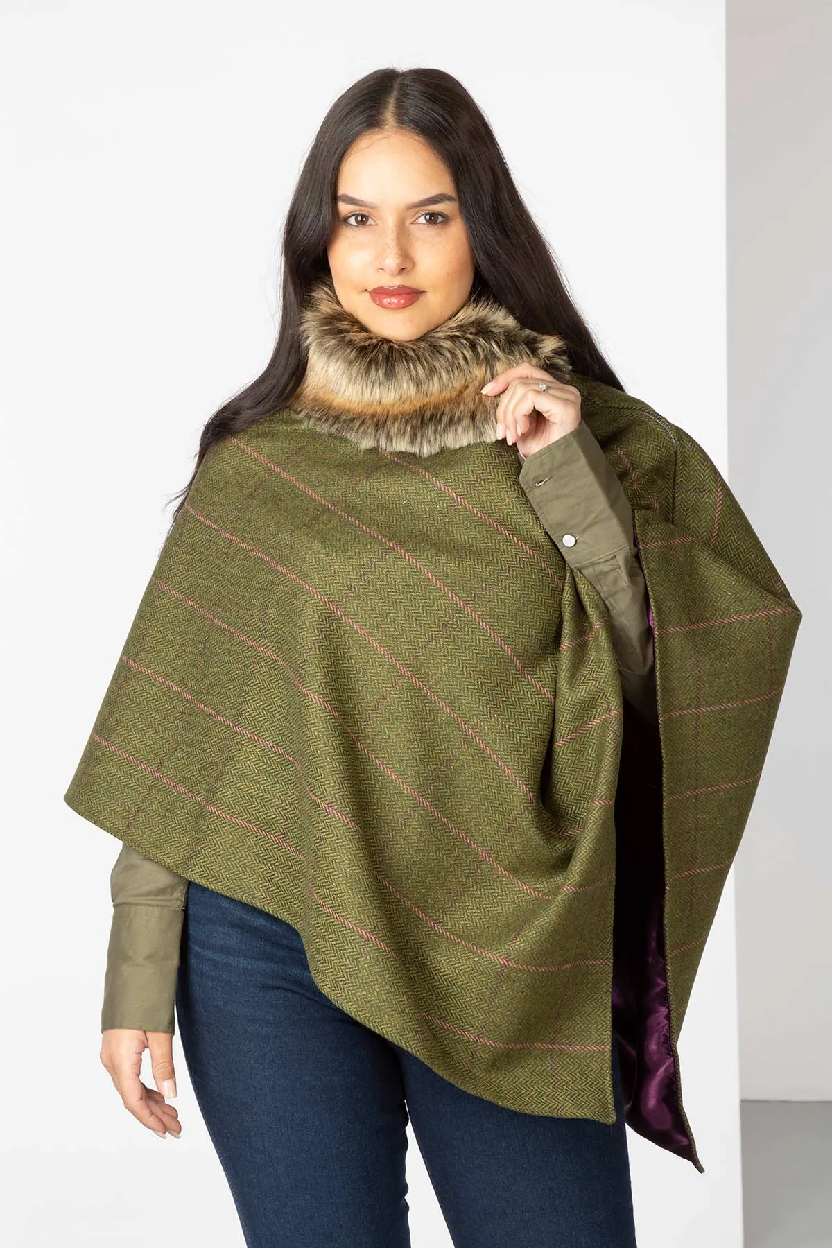 Ladies Wool Tweed Poncho With Faux Fur