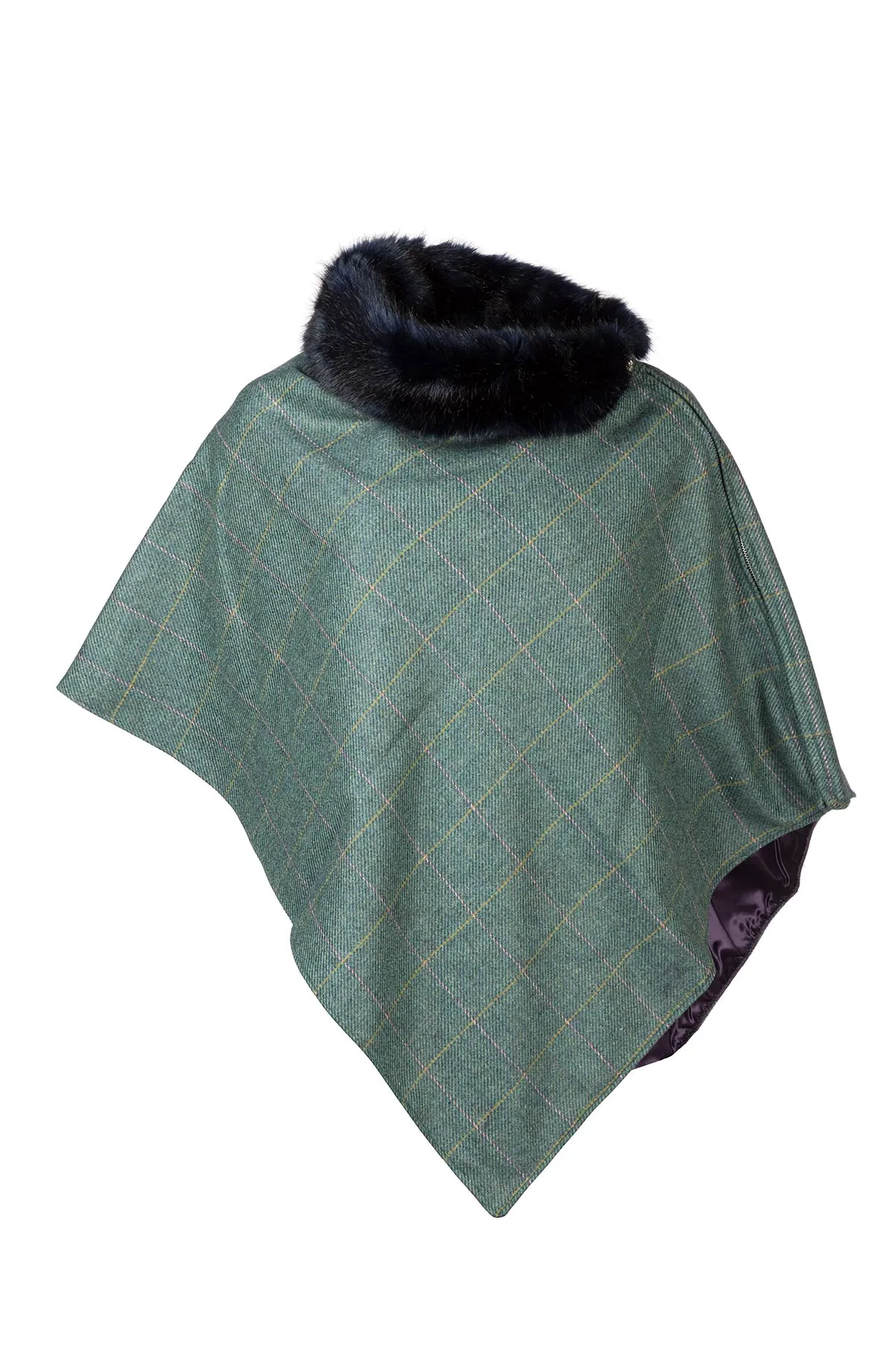 Ladies Wool Tweed Poncho With Faux Fur