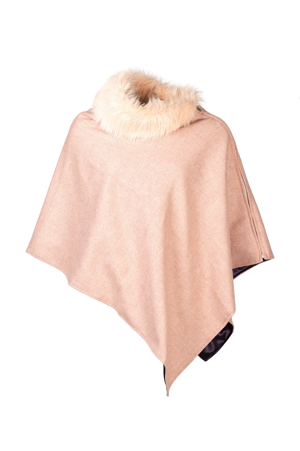 Ladies Wool Tweed Poncho With Faux Fur