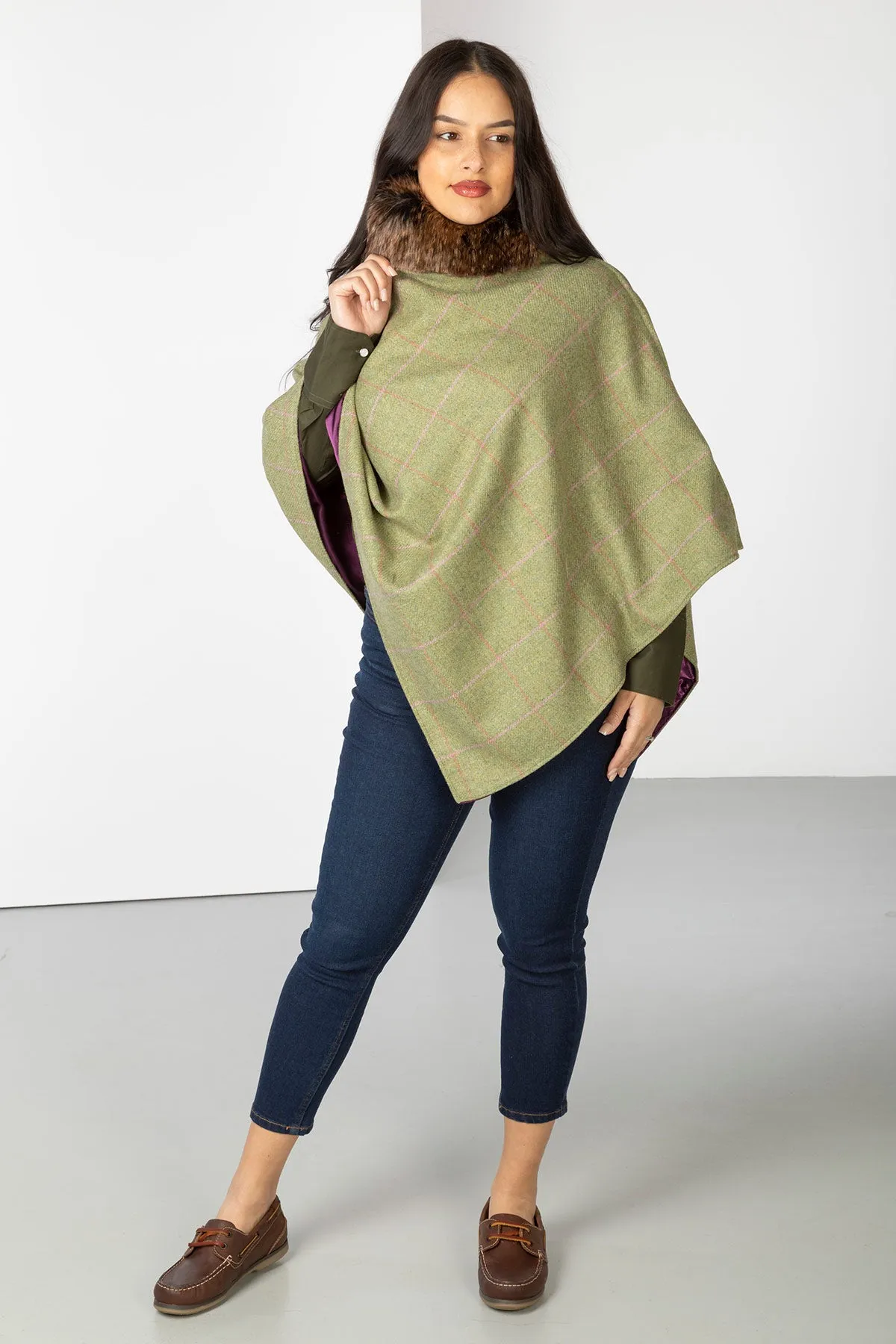 Ladies Wool Tweed Poncho With Faux Fur