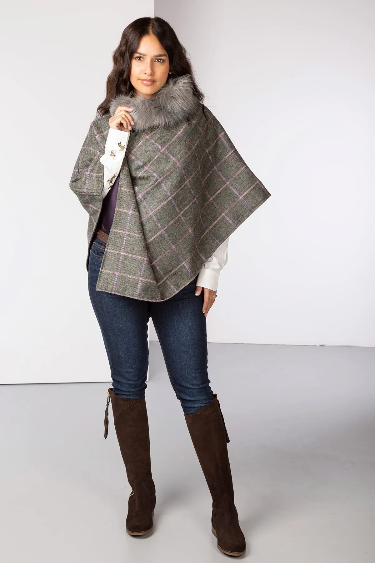 Ladies Wool Tweed Poncho With Faux Fur