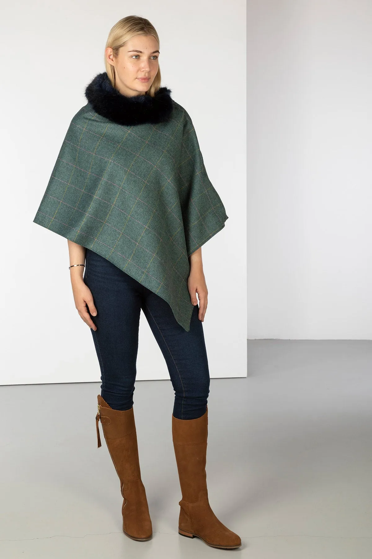 Ladies Wool Tweed Poncho With Faux Fur