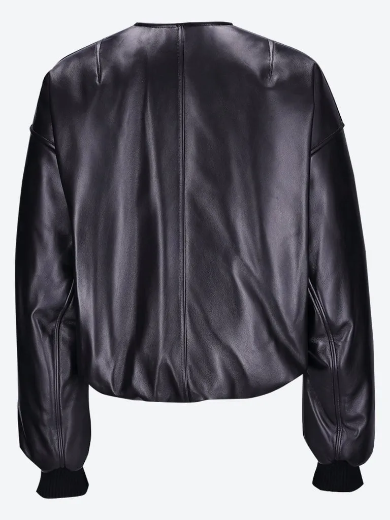 Leather hooded bomber jacket