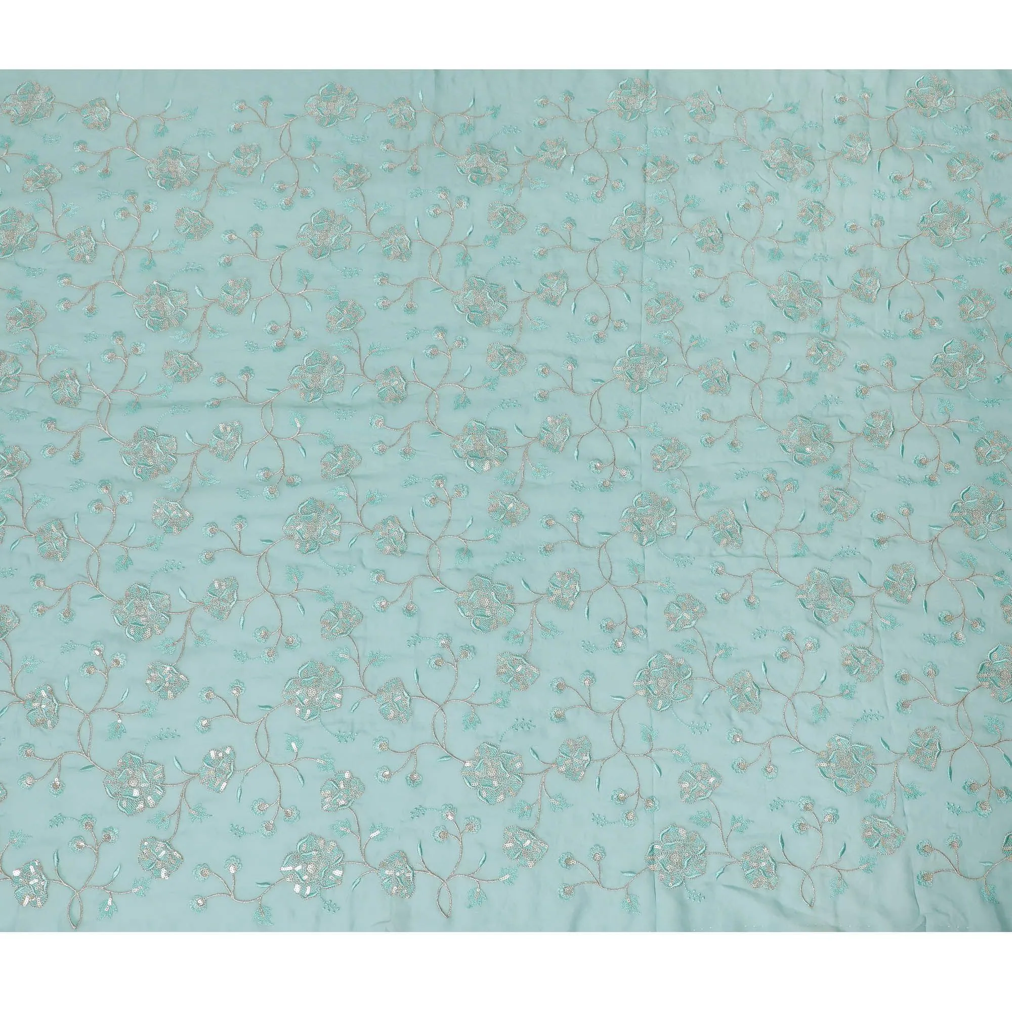 Light teal blue synthetic georgette fabric with same tone and gold embroidery in floral design-D15819