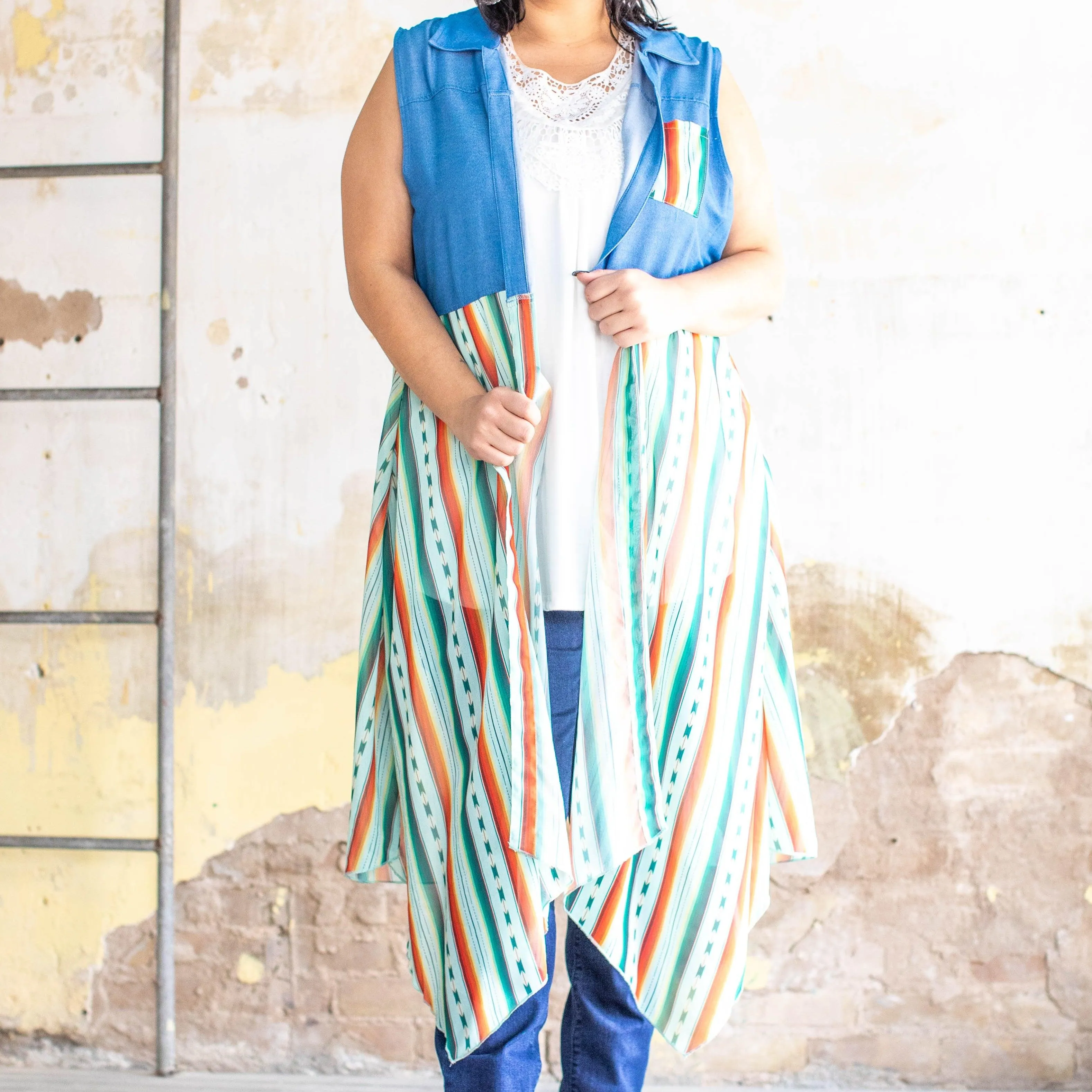 LIGHT WASH CHAMBRAY COLLARED DUSTER VEST WITH MINT SERAPE HANDKERCHIEF HEM