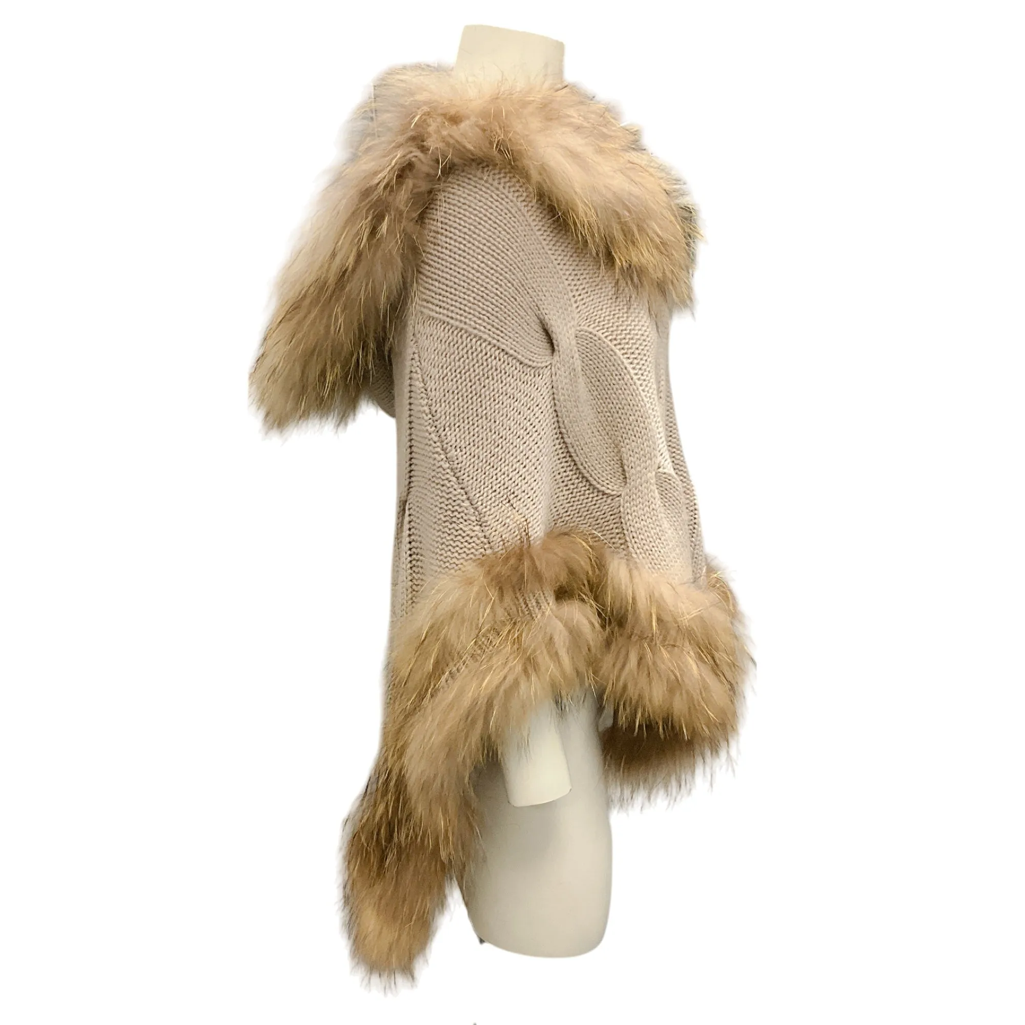 Linda Richards Luxury Tan Fur Trimmed Knit Cape / Poncho