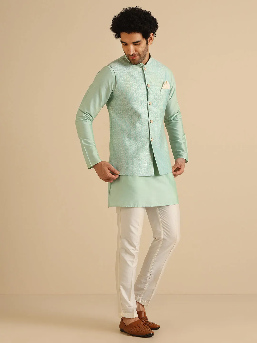 Men Aqua Green Nehru Jacket (Set of 1)