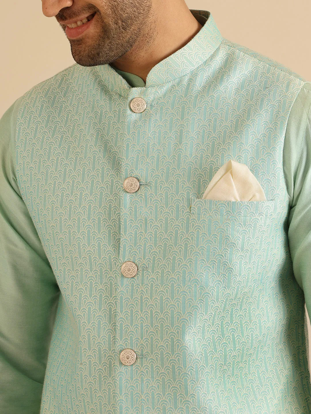 Men Aqua Green Nehru Jacket (Set of 1)