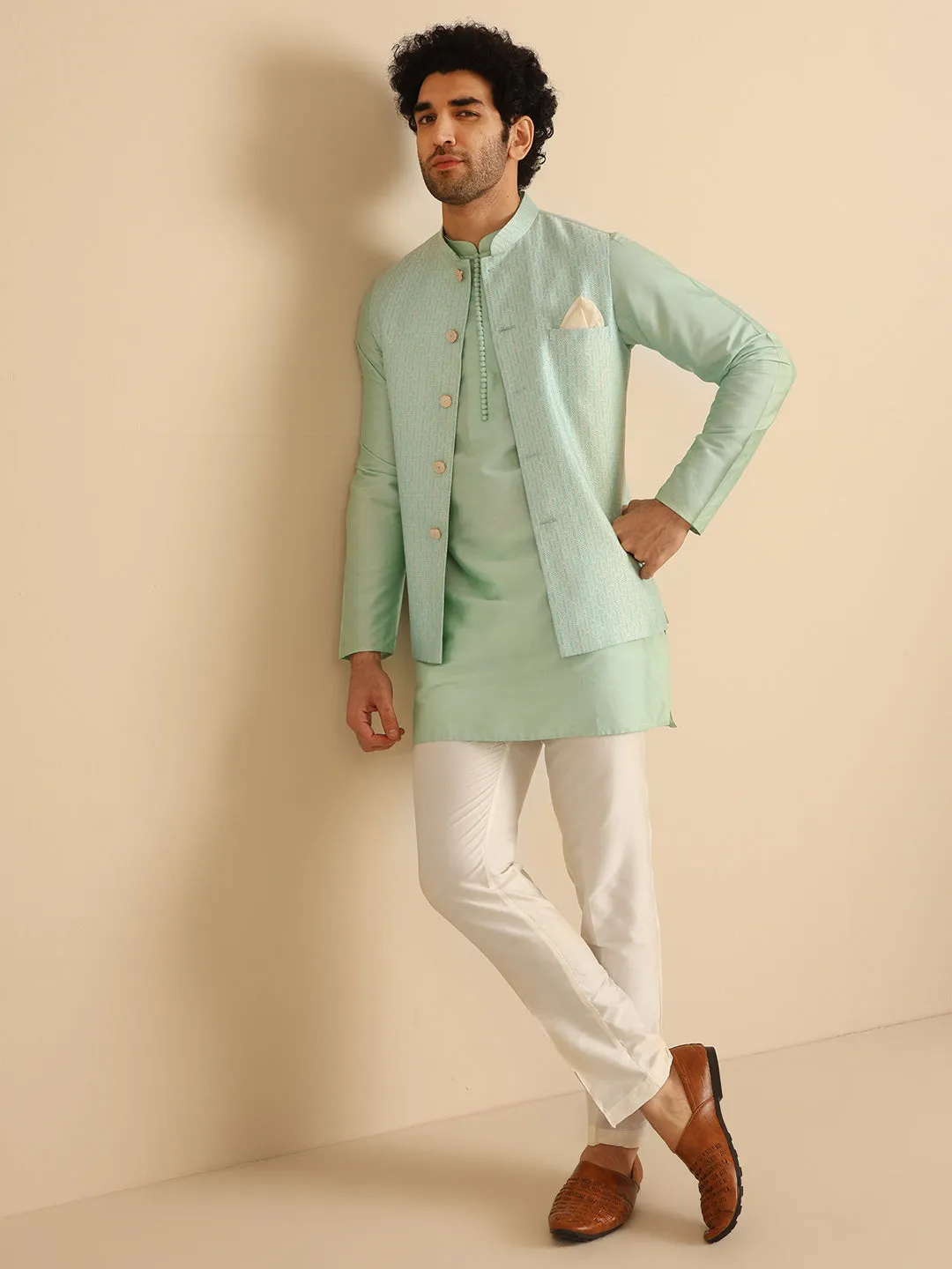 Men Aqua Green Nehru Jacket (Set of 1)