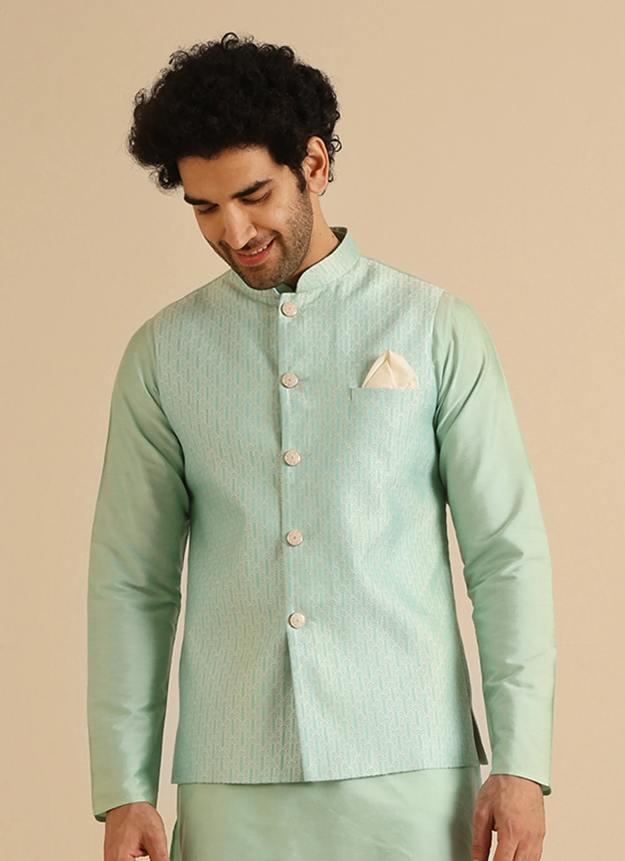 Men Aqua Green Nehru Jacket (Set of 1)