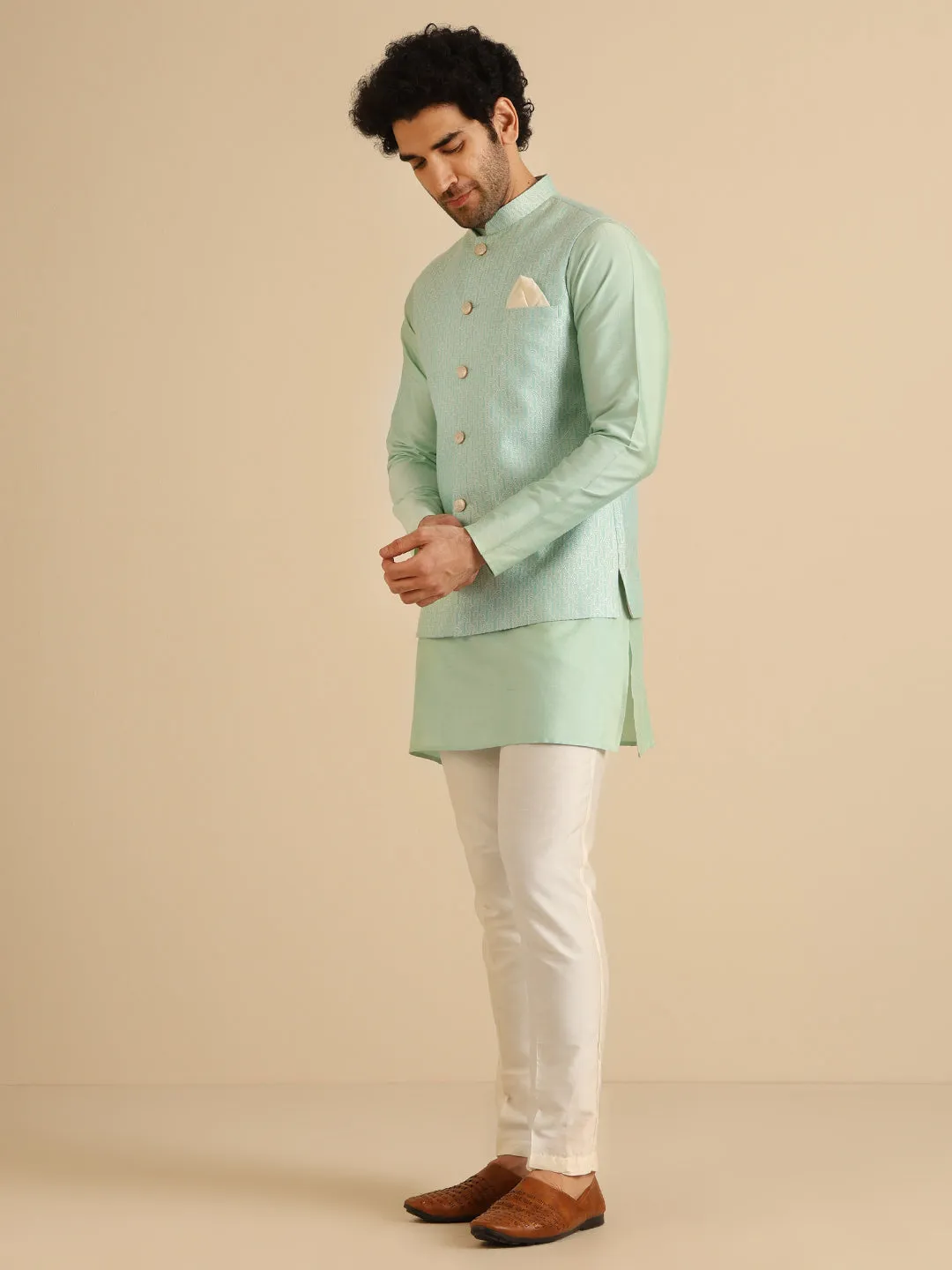 Men Aqua Green Nehru Jacket (Set of 1)