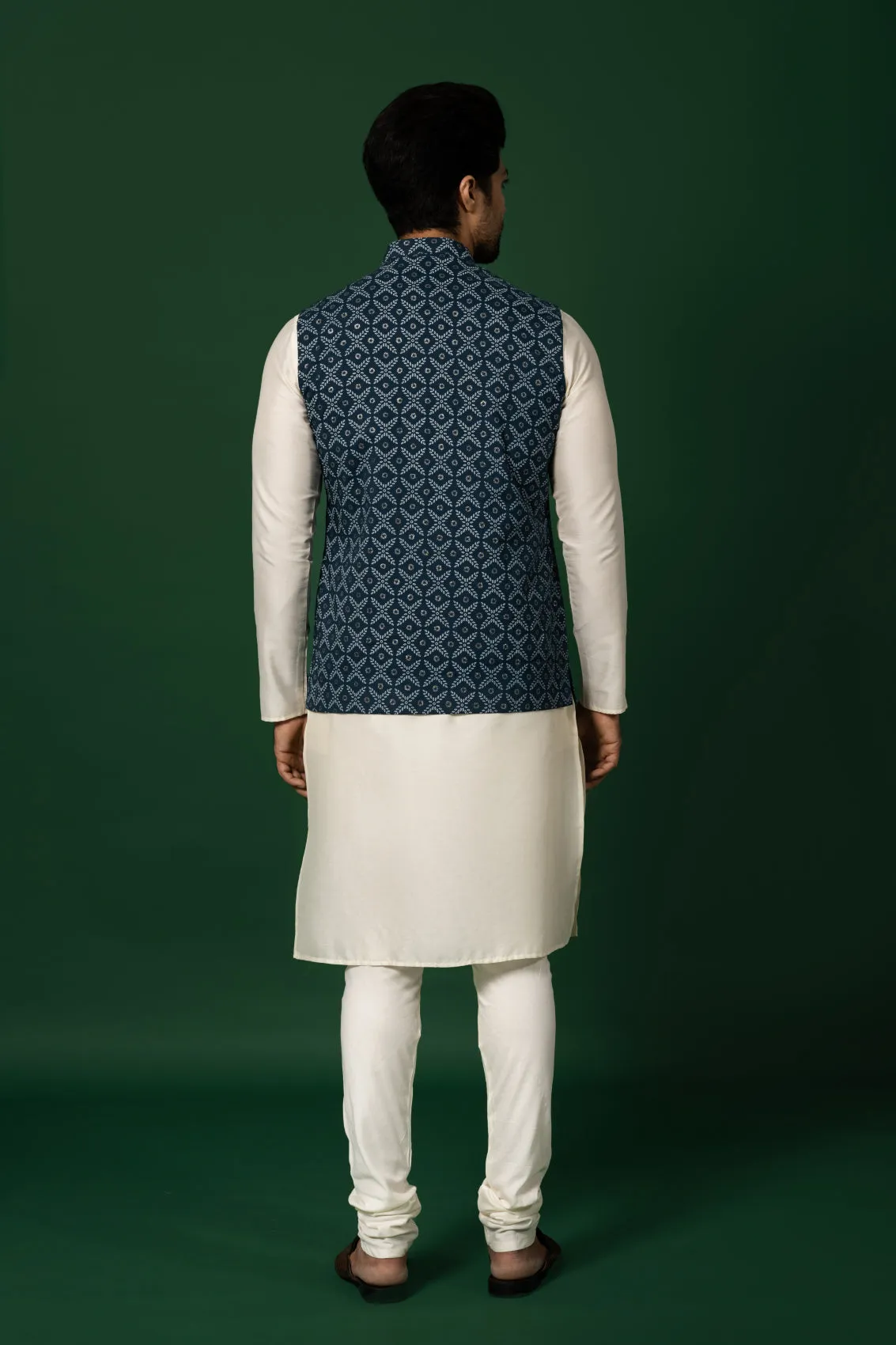 Men Blue Kurta Jacket Churidar Set