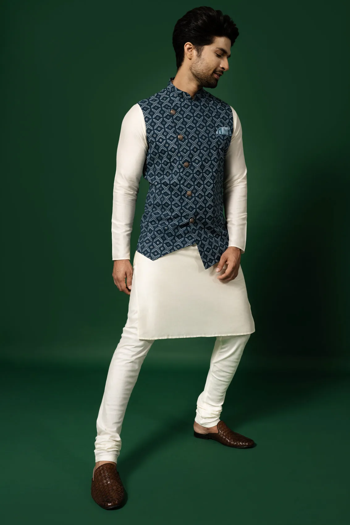 Men Blue Kurta Jacket Churidar Set