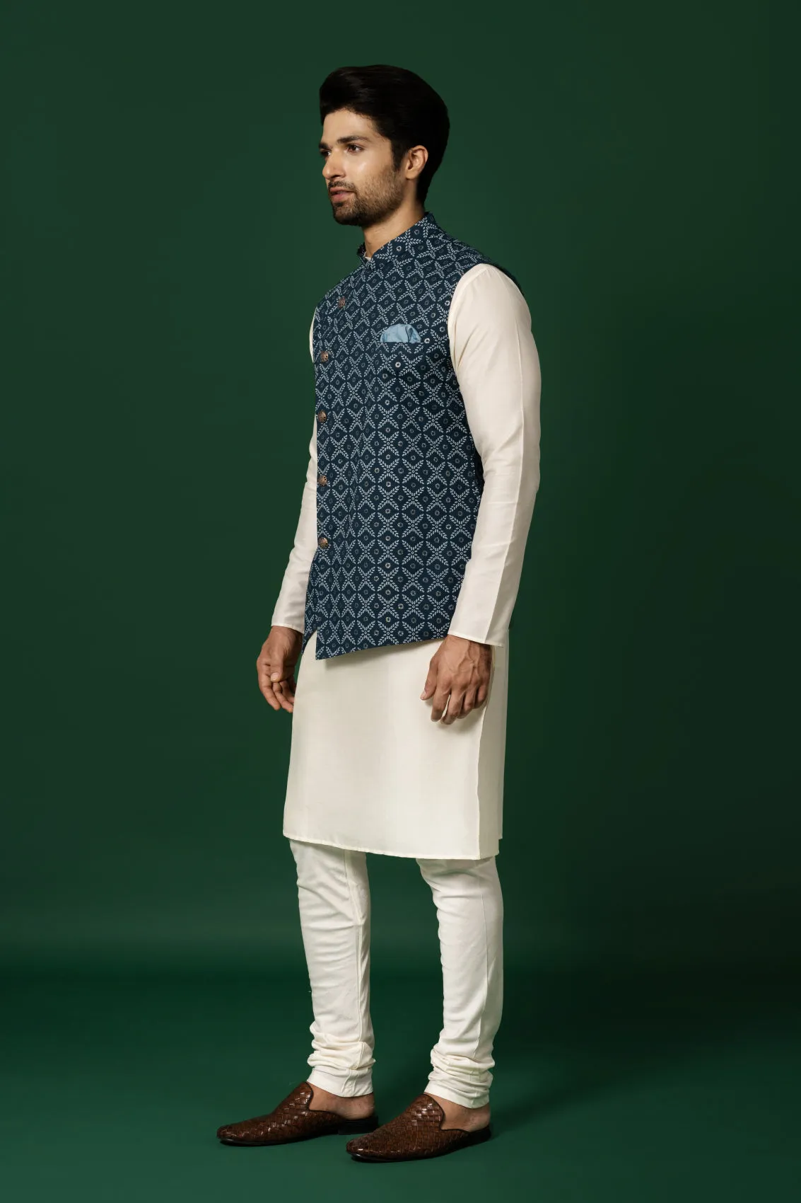 Men Blue Kurta Jacket Churidar Set