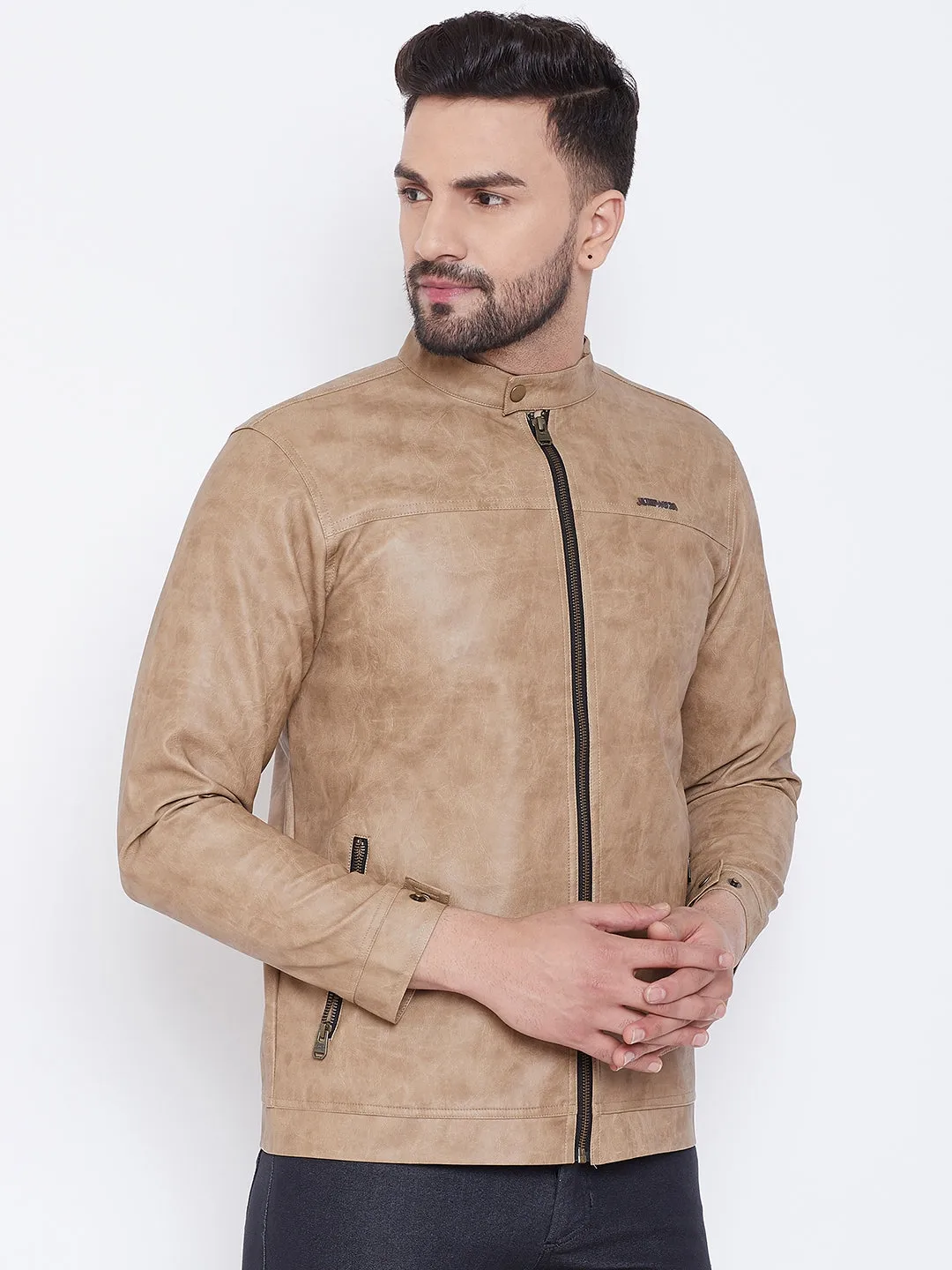 Men Casual Solid Khaki Leather Jacket