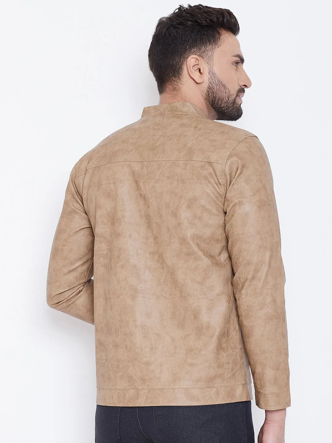 Men Casual Solid Khaki Leather Jacket