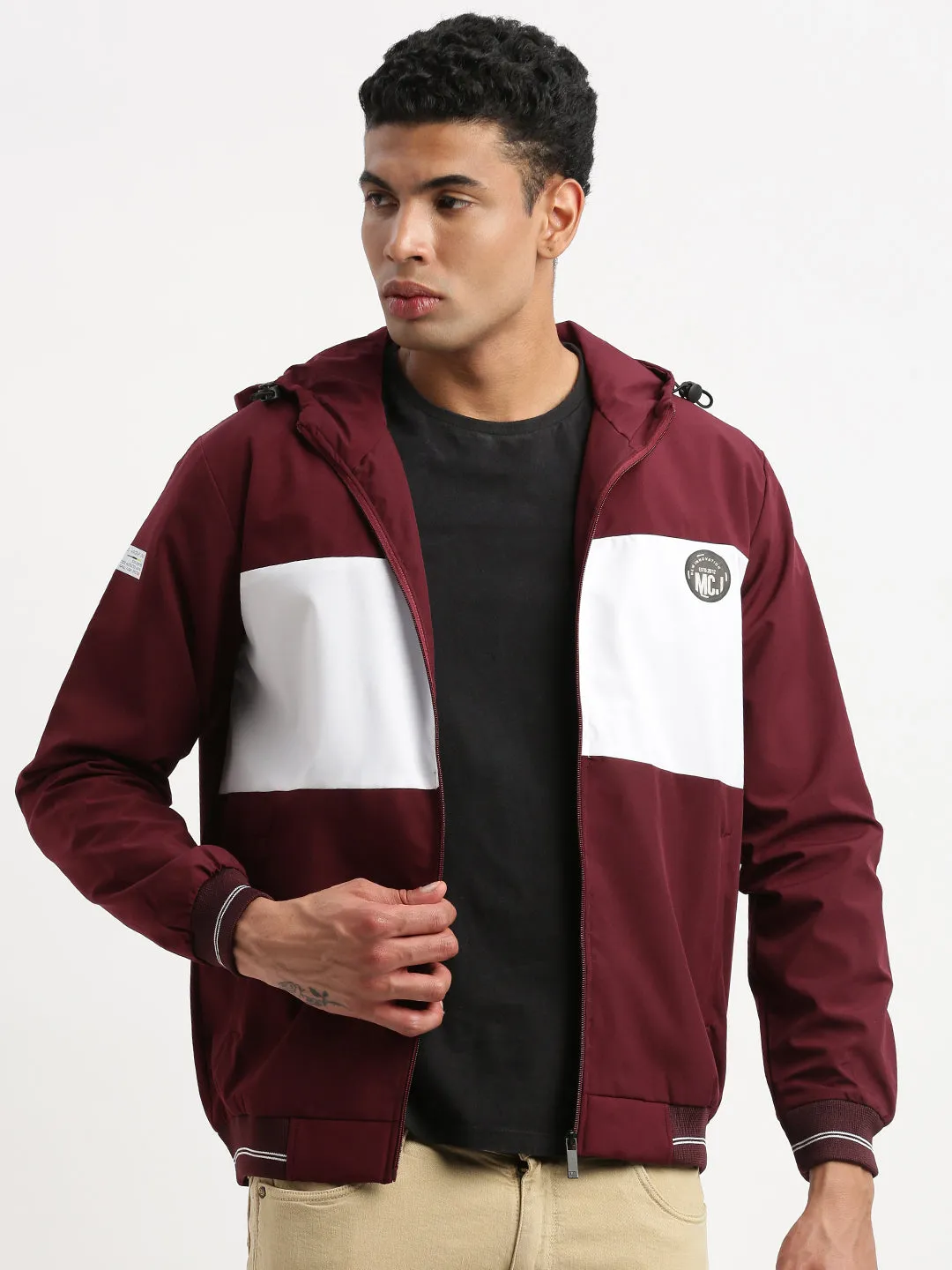 Men Hooded Maroon Colourblocked Bomber Jacket