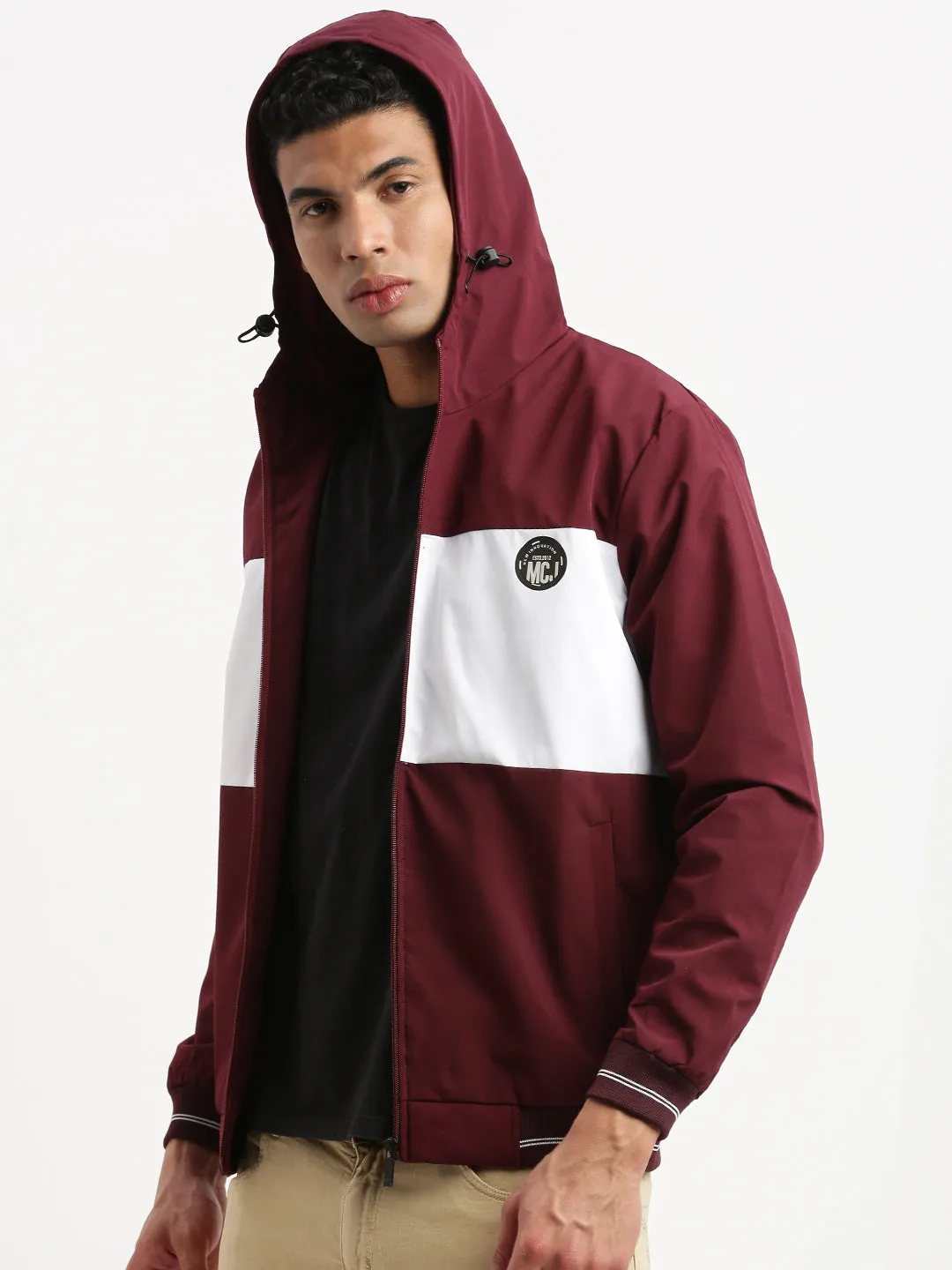 Men Hooded Maroon Colourblocked Bomber Jacket