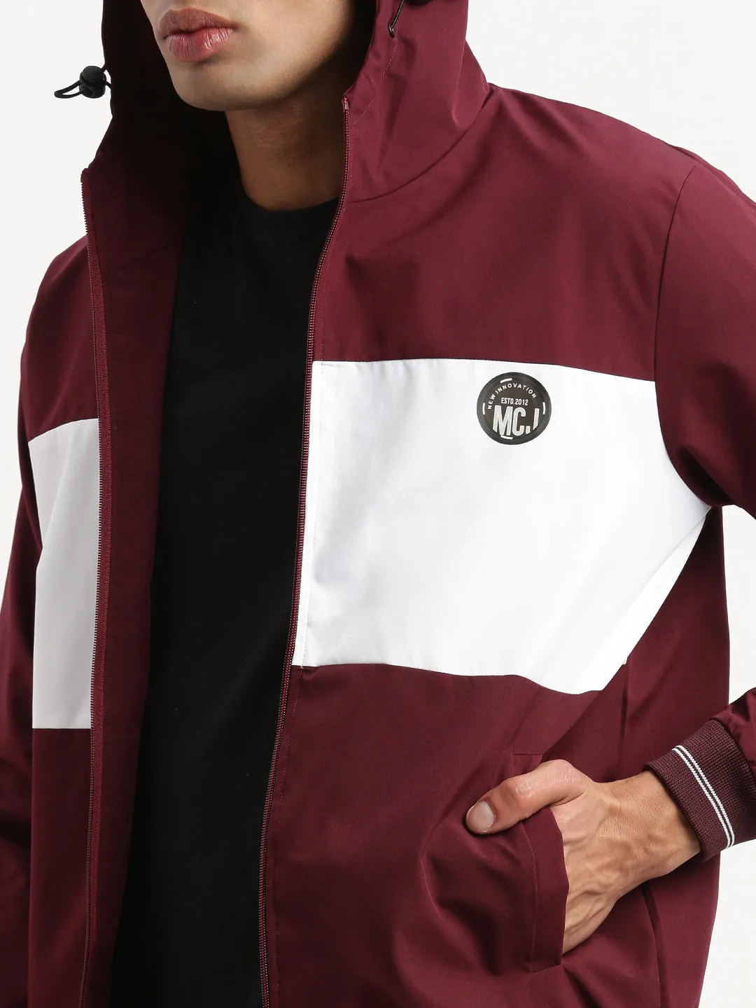 Men Hooded Maroon Colourblocked Bomber Jacket