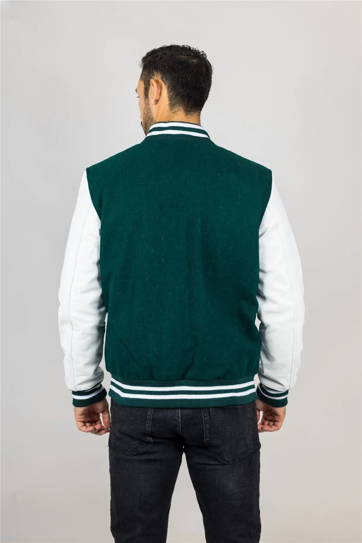 Men's Green White Varsity Bomber Jacket Wool Body Real Leather Sleeves College Baseball Coat