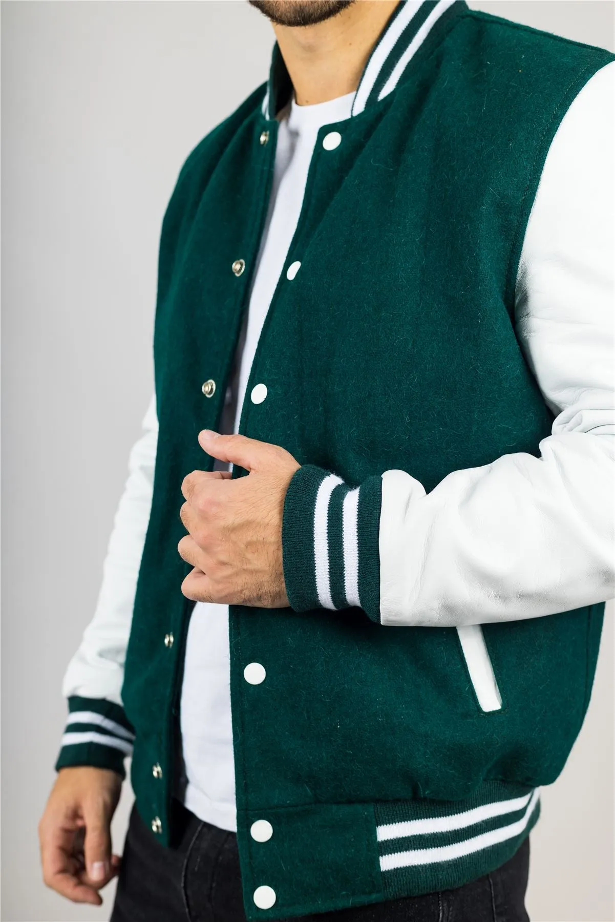 Men's Green White Varsity Bomber Jacket Wool Body Real Leather Sleeves College Baseball Coat