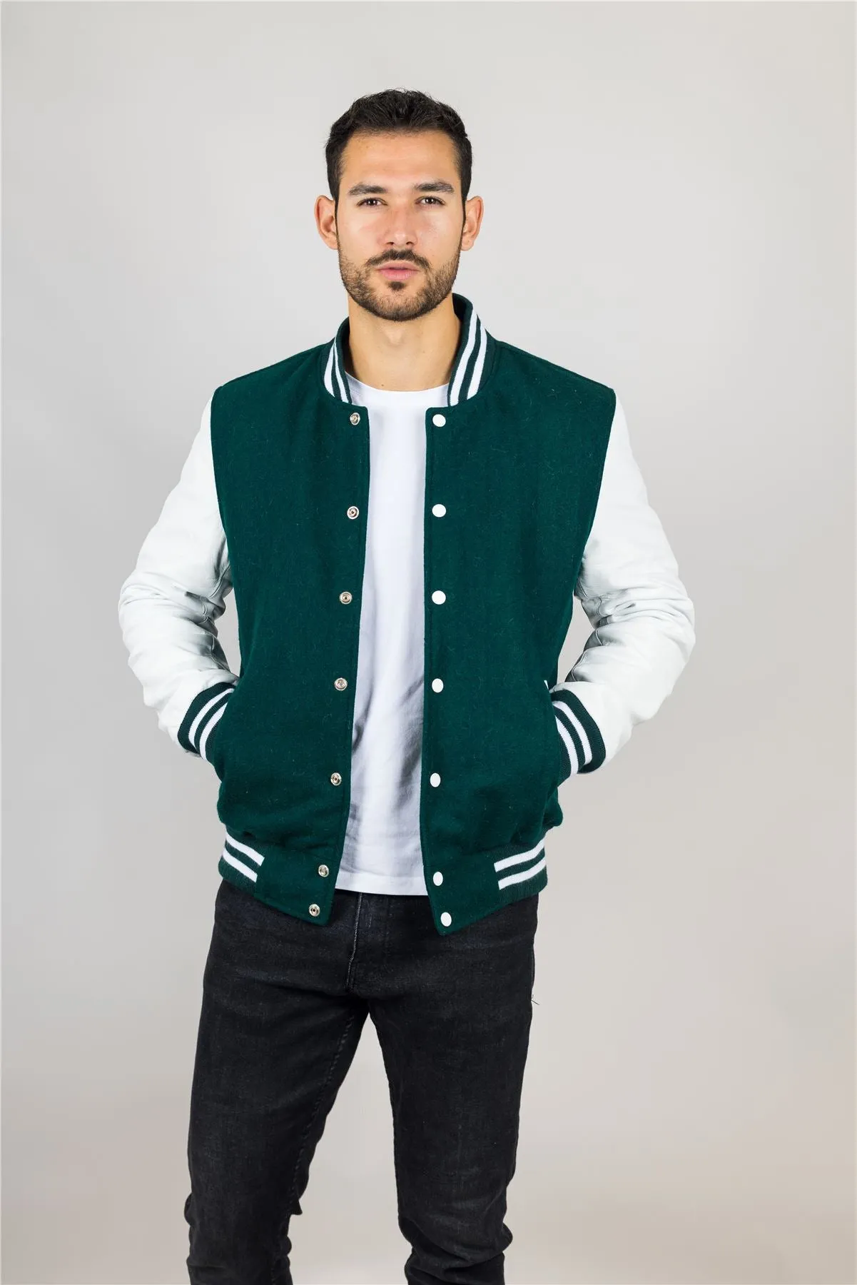 Men's Green White Varsity Bomber Jacket Wool Body Real Leather Sleeves College Baseball Coat