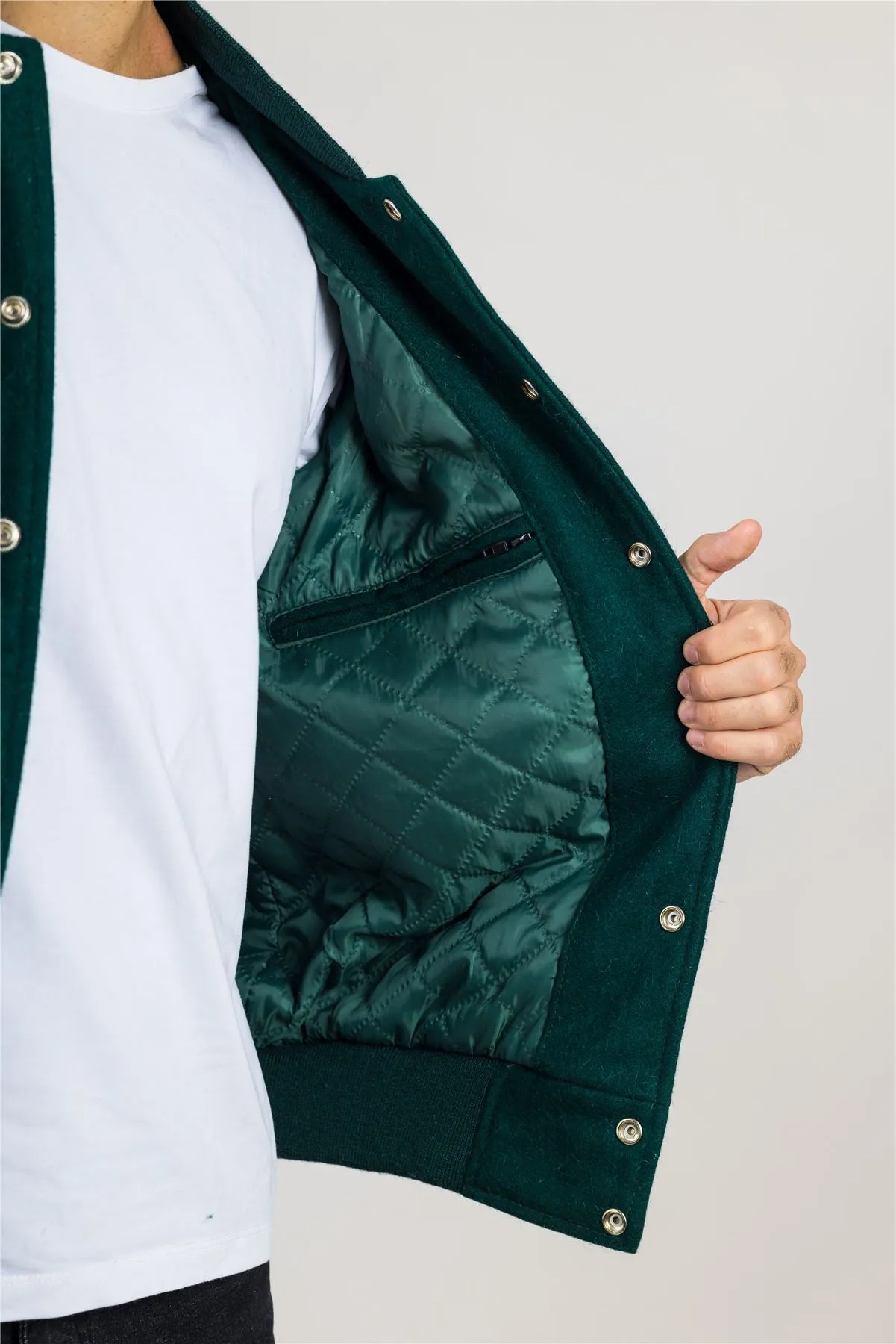 Men's Green White Varsity Bomber Jacket Wool Body Real Leather Sleeves College Baseball Coat