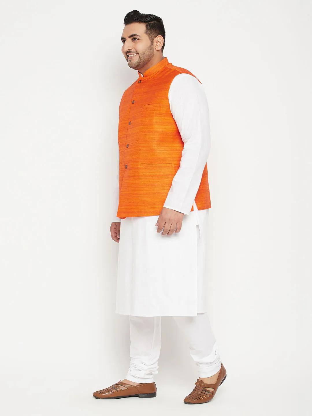 Men's Plus White, Orange And White Cotton Blend Jacket Kurta Pyjama Set - Vastramay