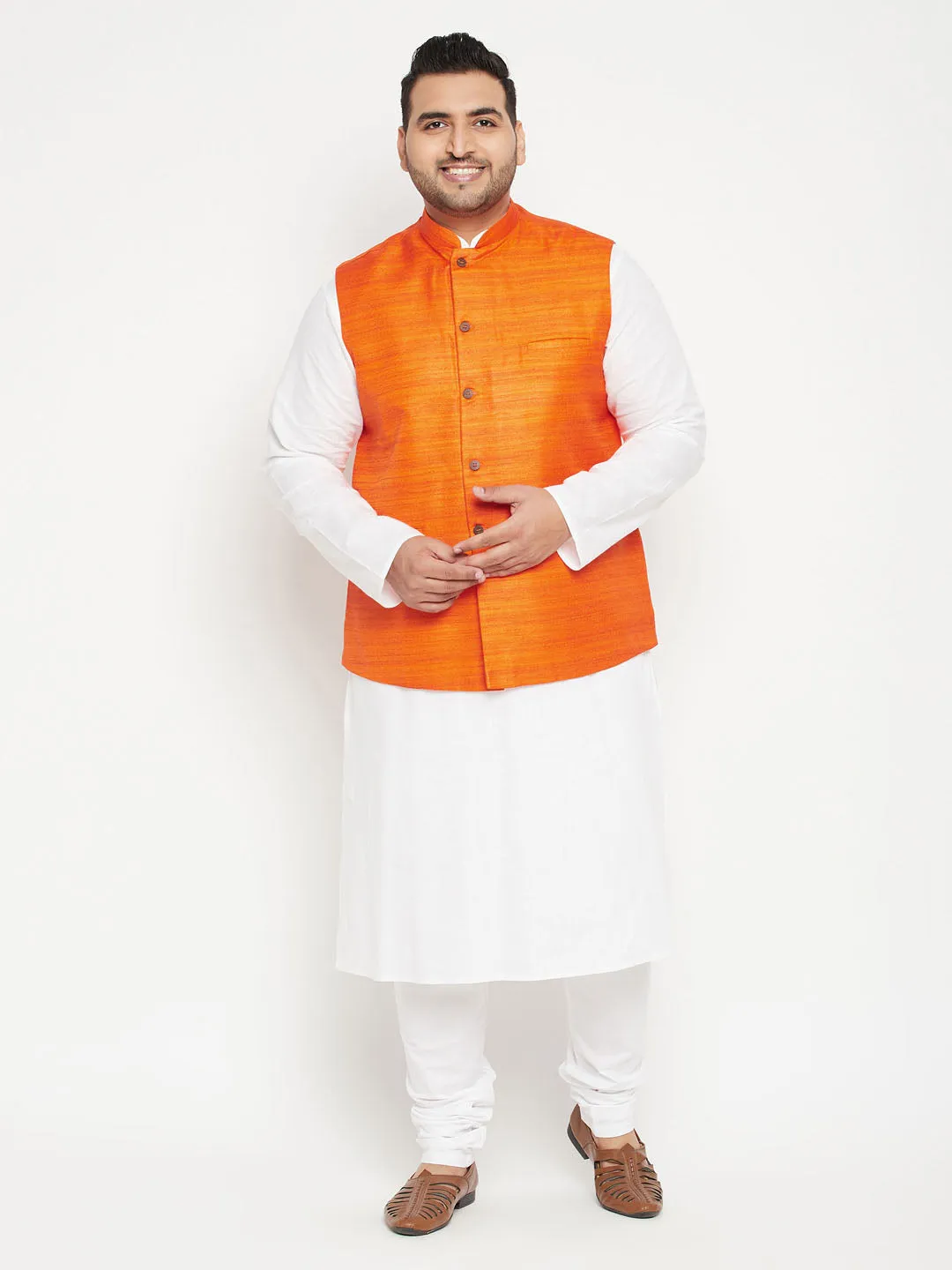 Men's Plus White, Orange And White Cotton Blend Jacket Kurta Pyjama Set - Vastramay