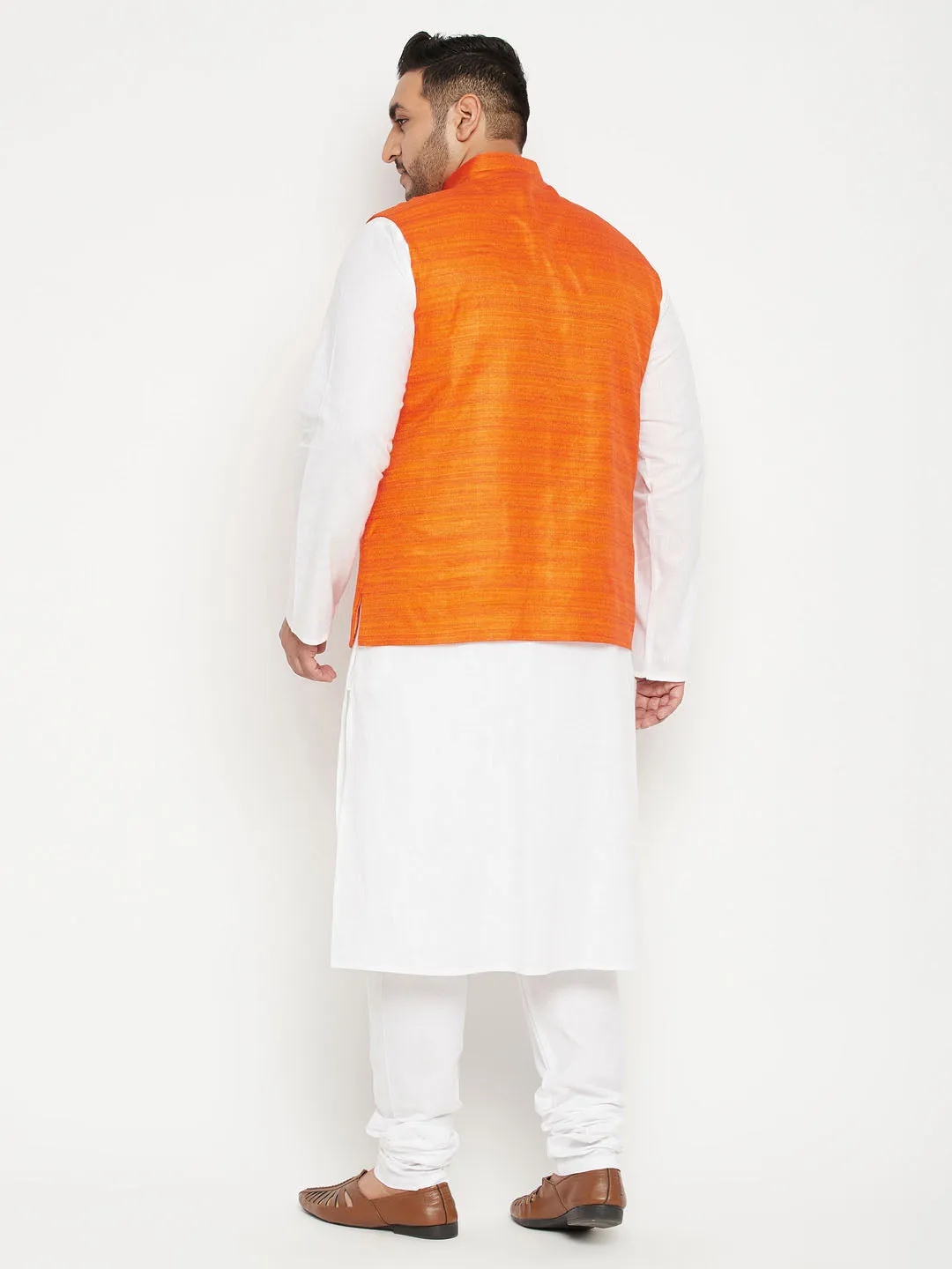 Men's Plus White, Orange And White Cotton Blend Jacket Kurta Pyjama Set - Vastramay