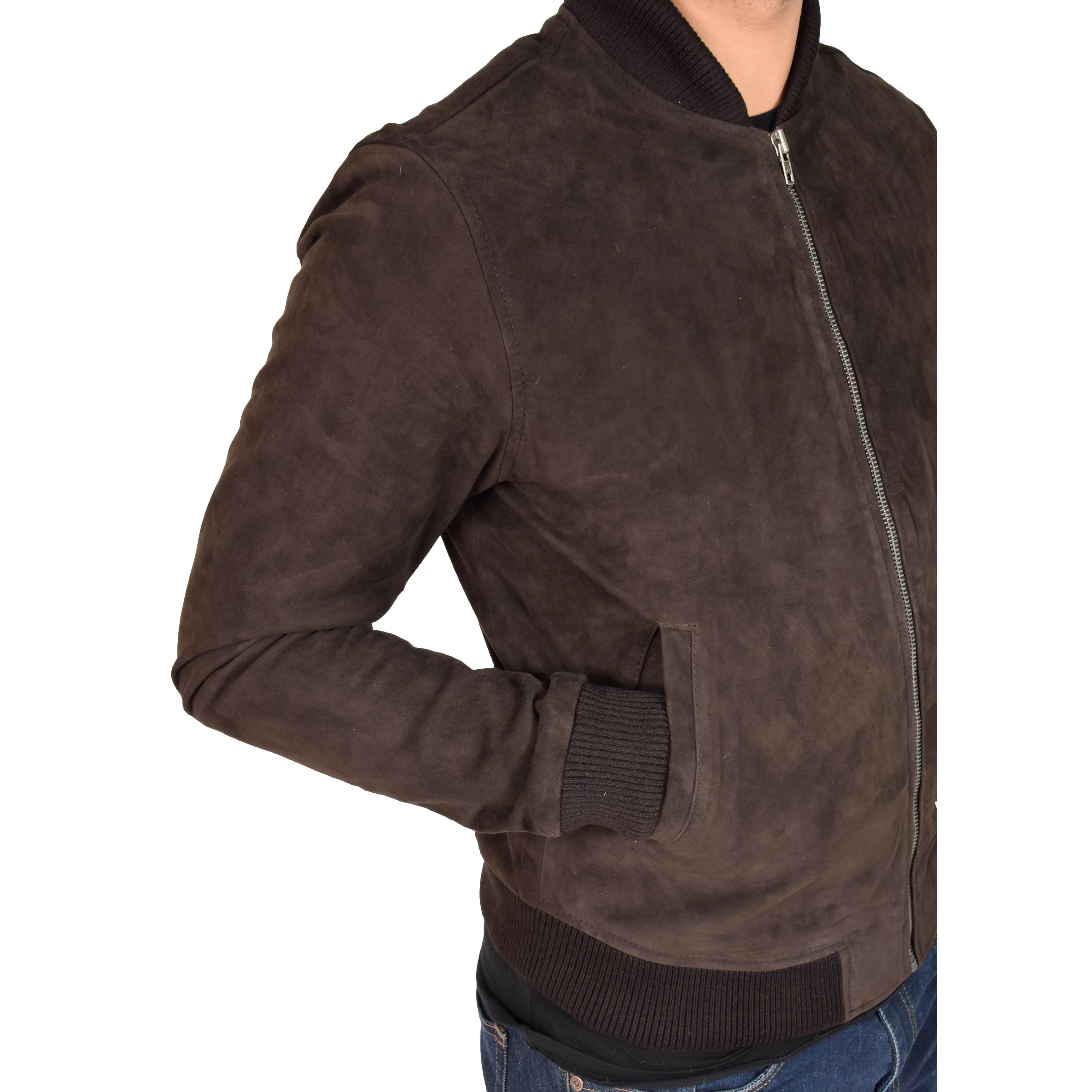 Mens Soft Goat Suede Bomber Varsity Baseball Jacket Blur Brown