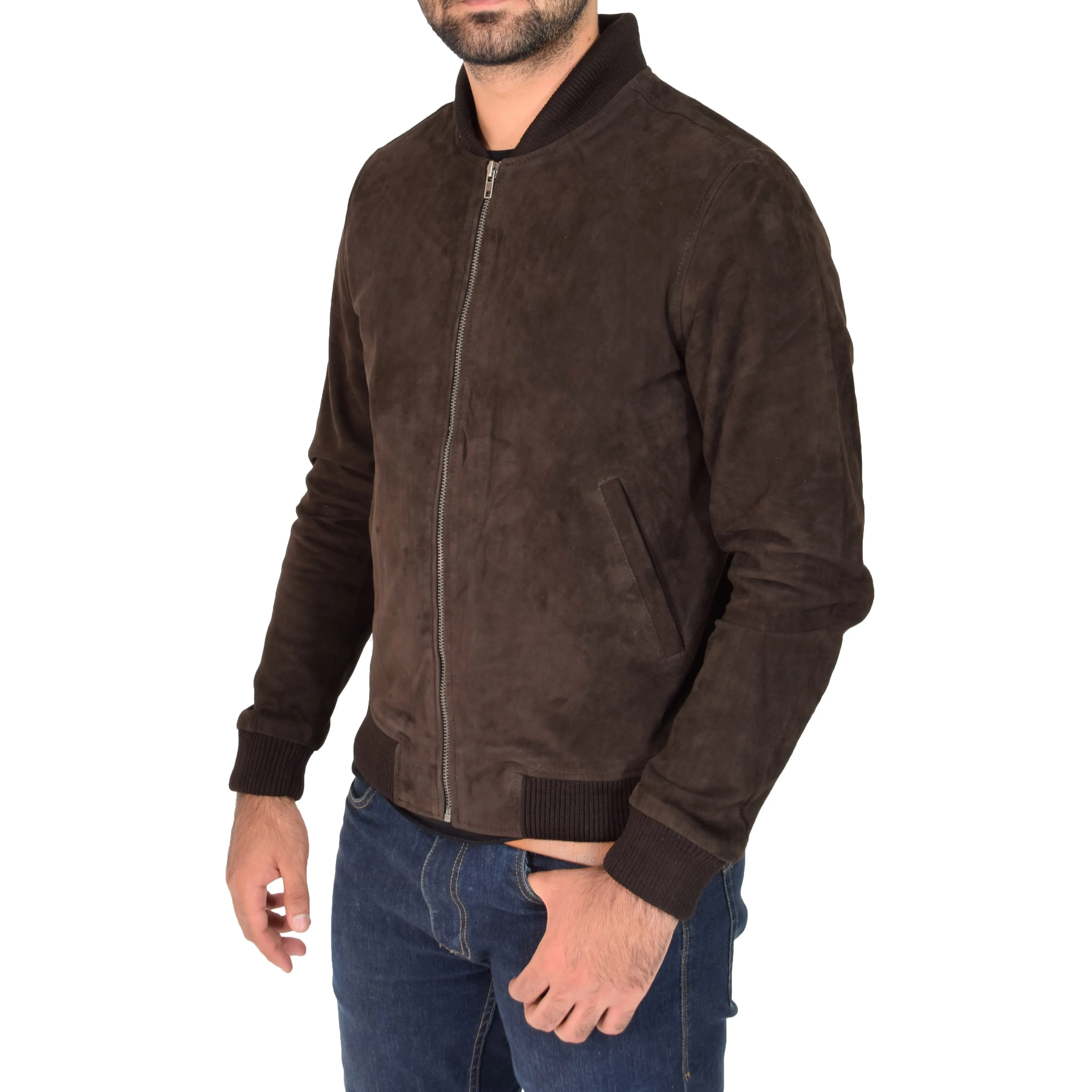 Mens Soft Goat Suede Bomber Varsity Baseball Jacket Blur Brown