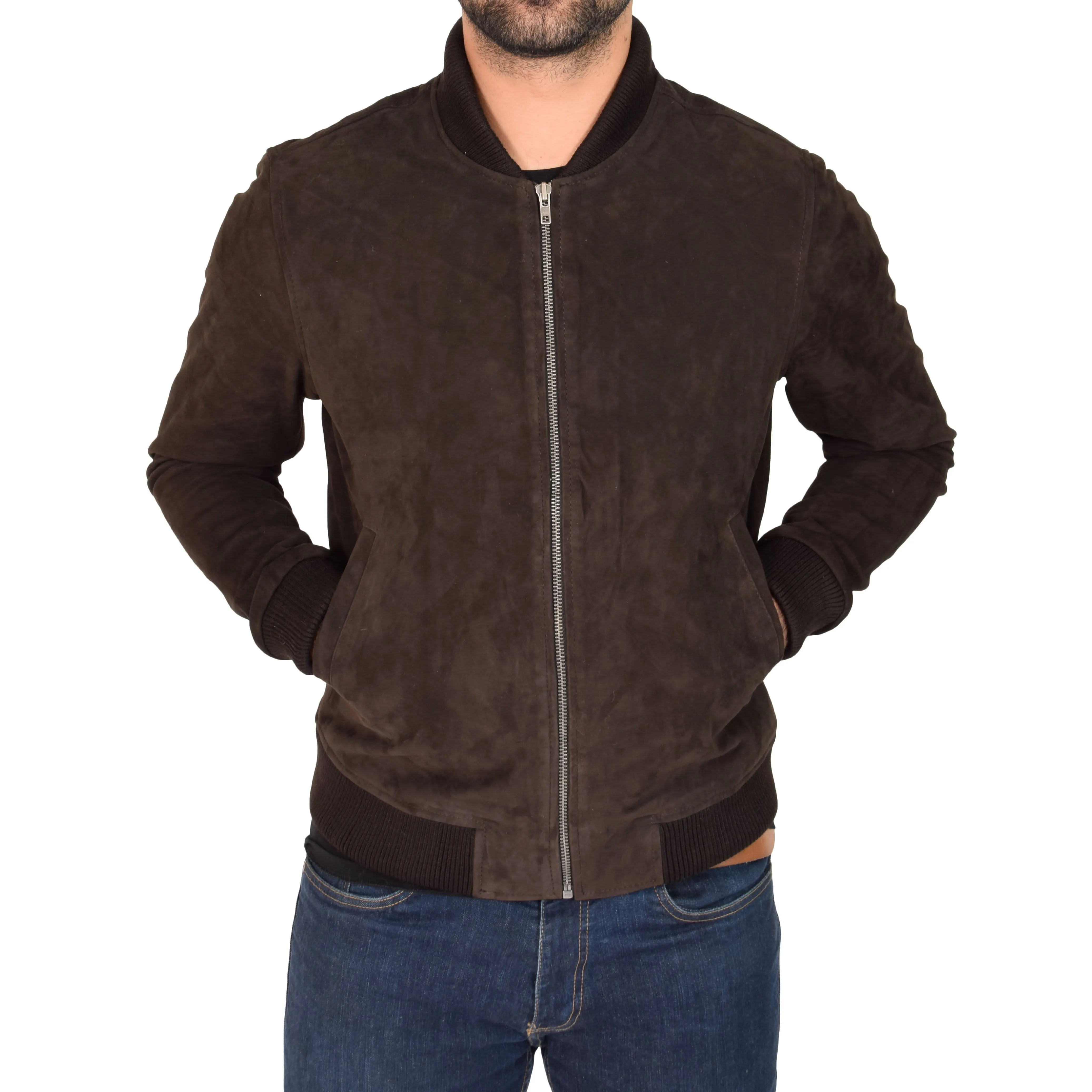 Mens Soft Goat Suede Bomber Varsity Baseball Jacket Blur Brown