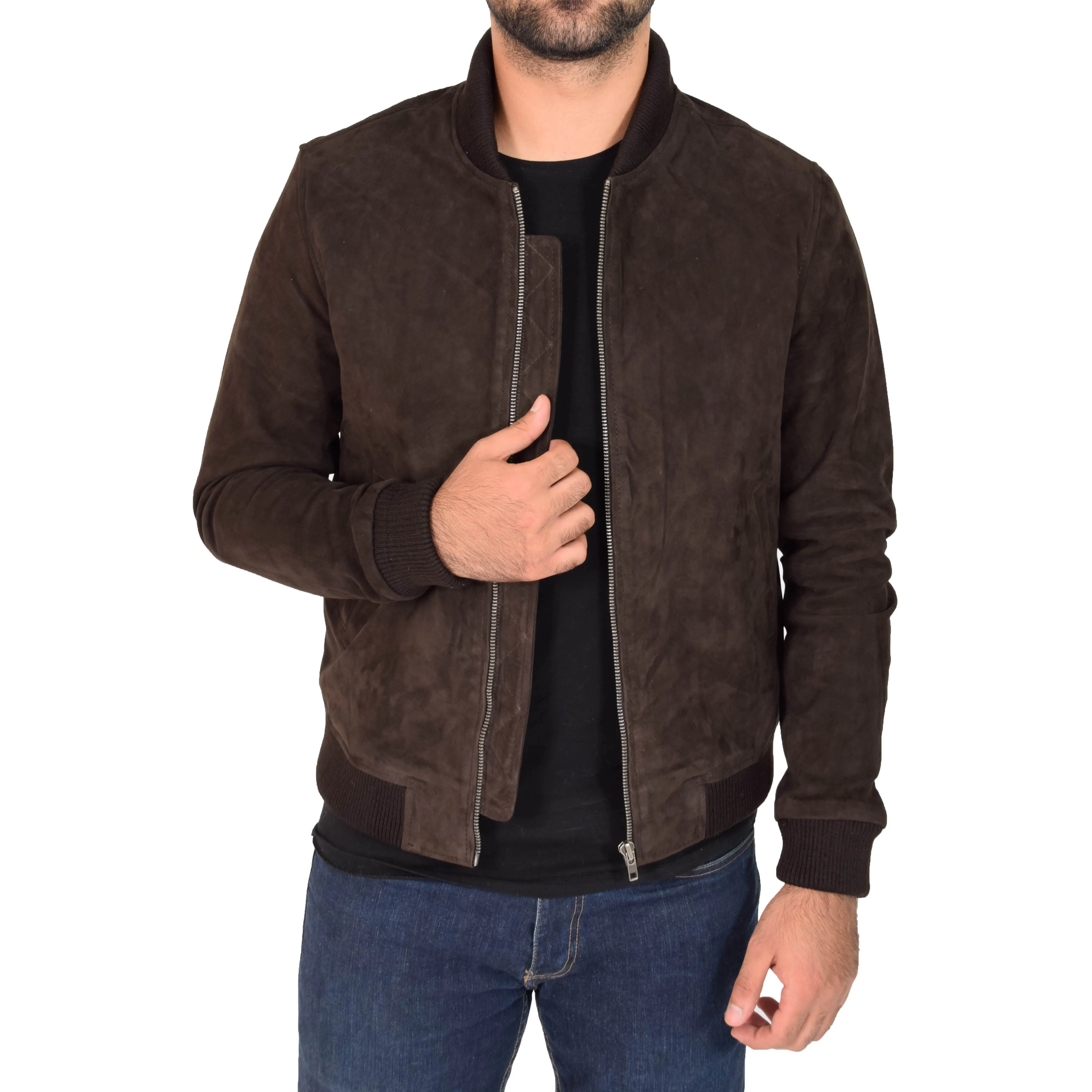 Mens Soft Goat Suede Bomber Varsity Baseball Jacket Blur Brown