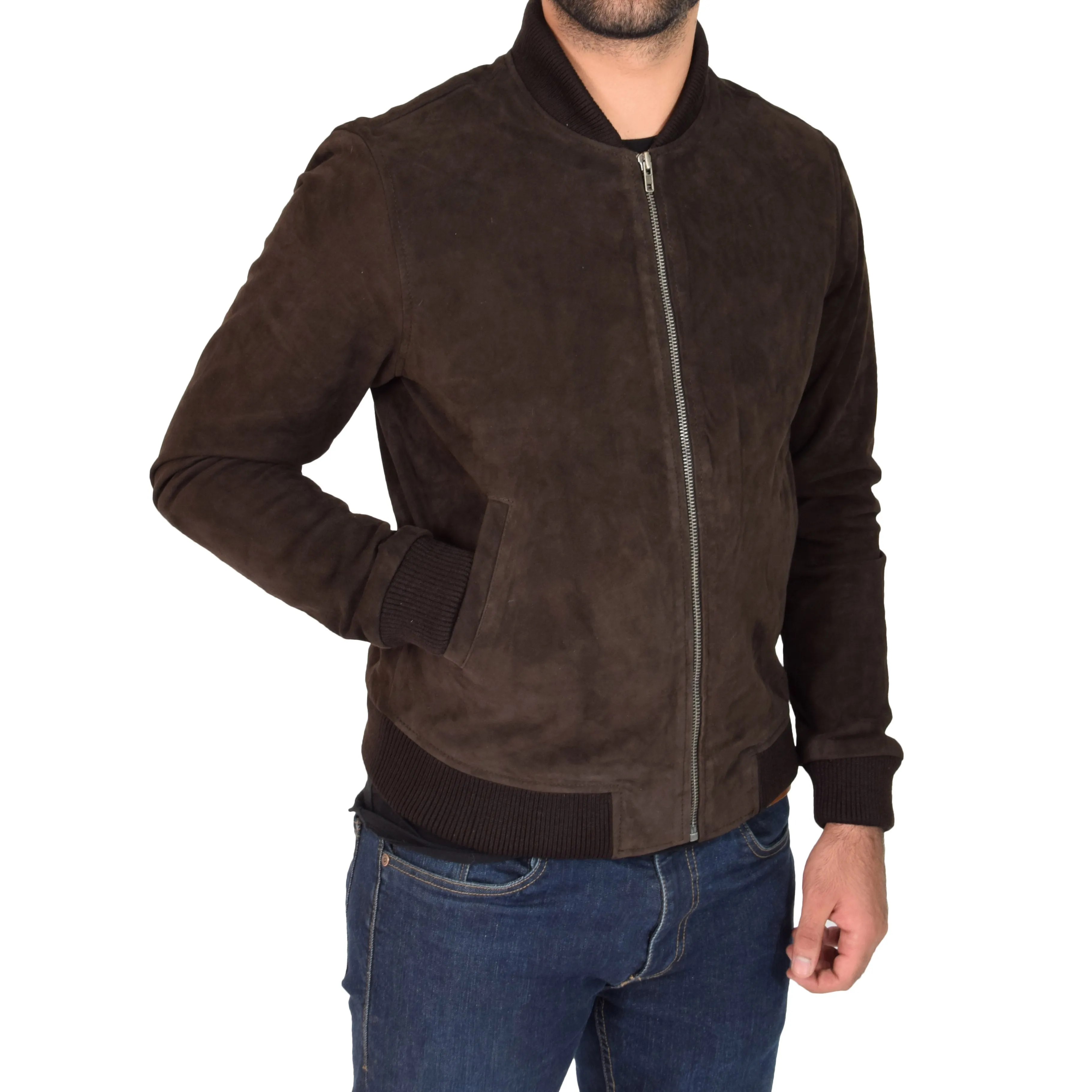 Mens Soft Goat Suede Bomber Varsity Baseball Jacket Blur Brown