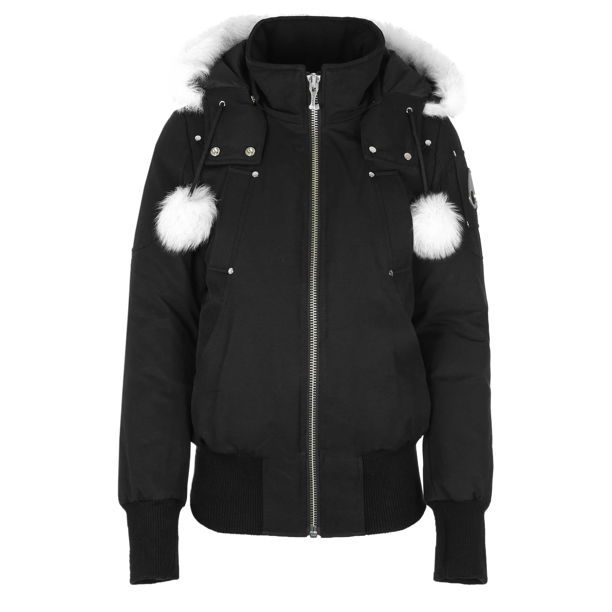 Moose Knuckles Debbie Ladies Bomber Jacket in Black with White Fur