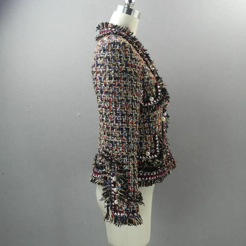 Multicoloured Tassel Pearl Button Tweed Jacket Coat