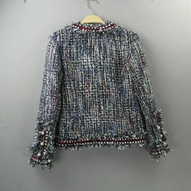 Multicoloured Tassel Pearl Button Tweed Jacket Coat