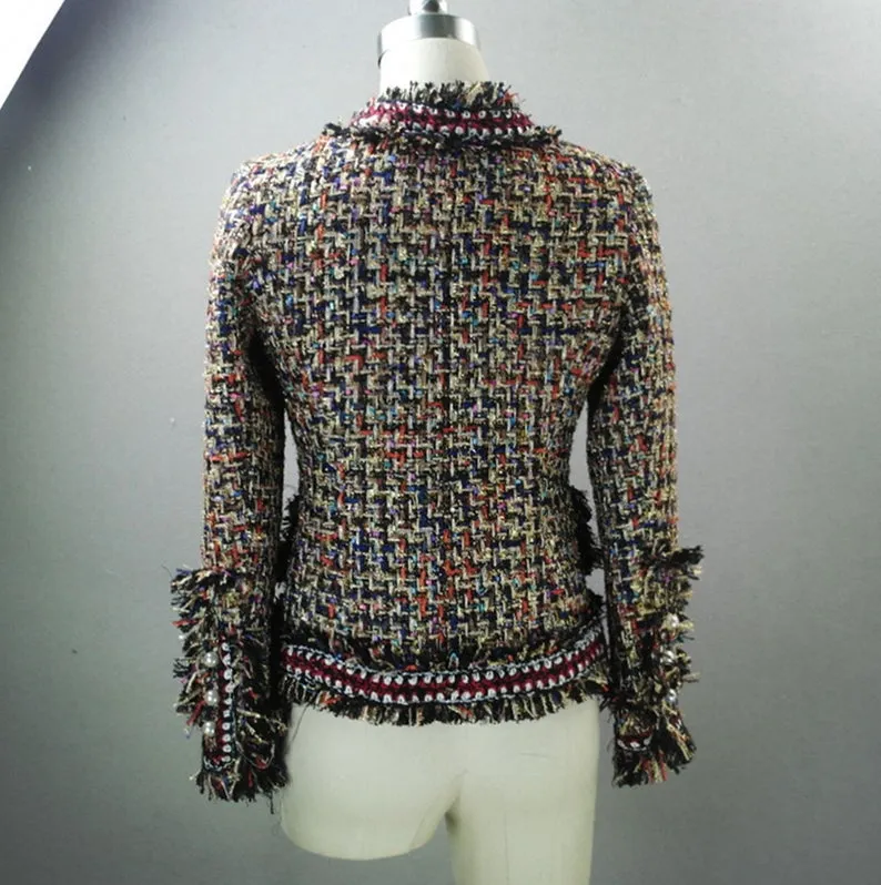 Multicoloured Tassel Pearl Button Tweed Jacket Coat