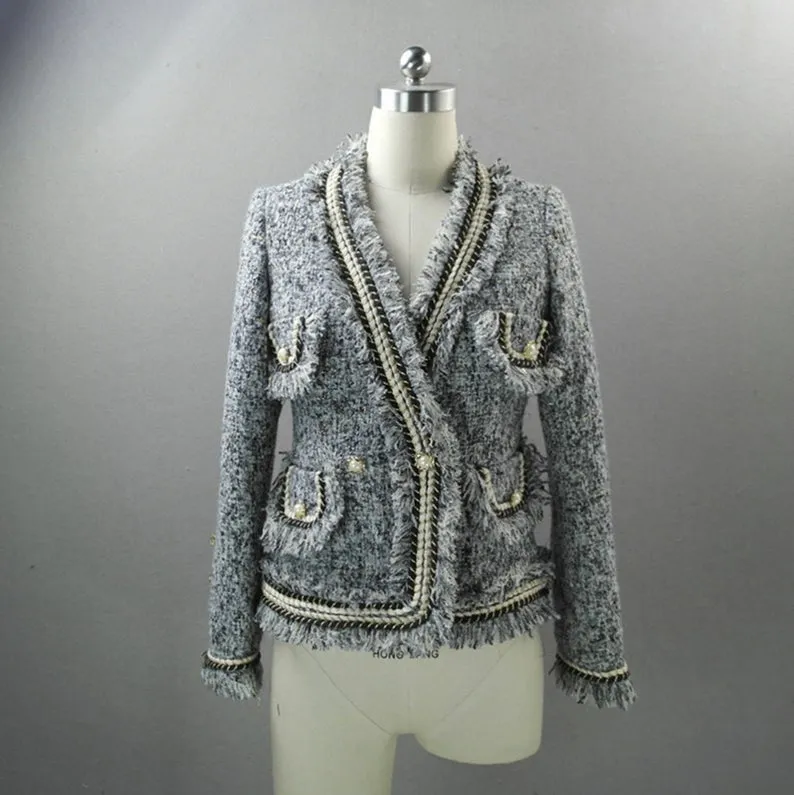 Multicoloured Tassel Pearl Button Tweed Jacket Coat