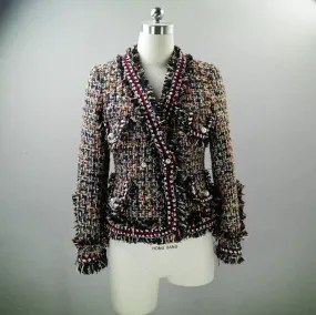 Multicoloured Tassel Pearl Button Tweed Jacket Coat