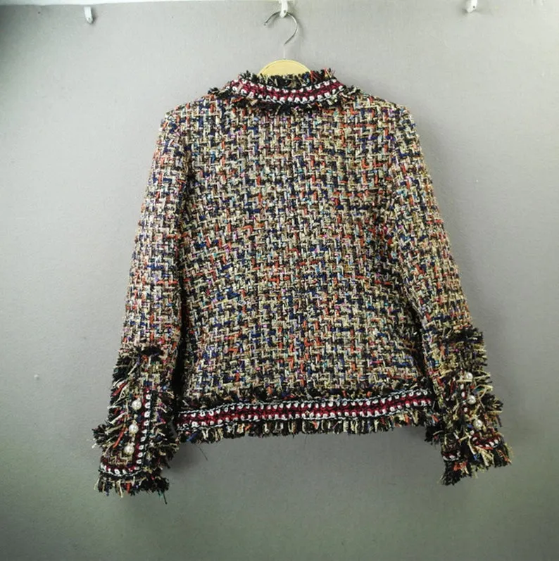 Multicoloured Tassel Pearl Button Tweed Jacket Coat